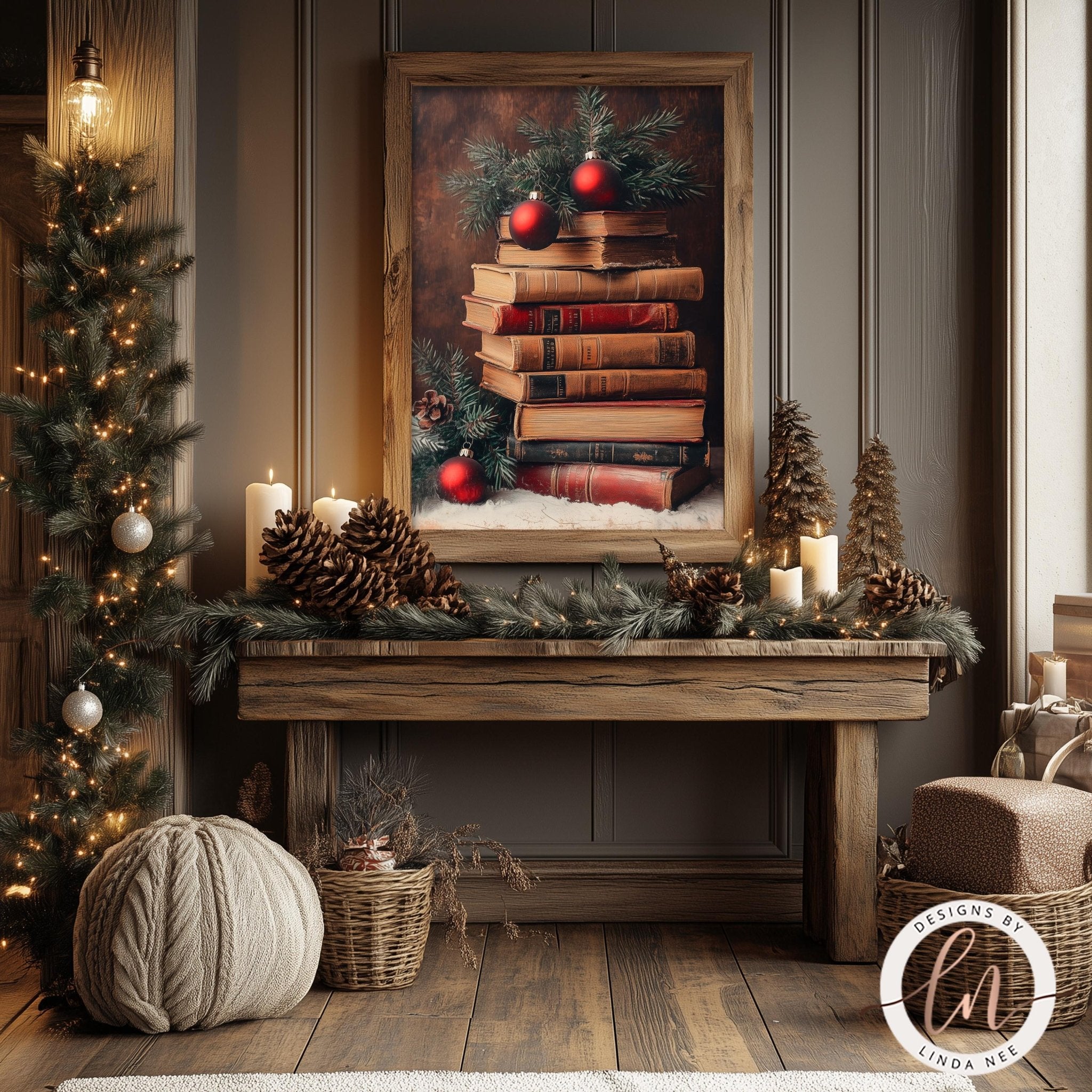 Christmas Book Stack Art Print - Holiday Decor for Book Lovers