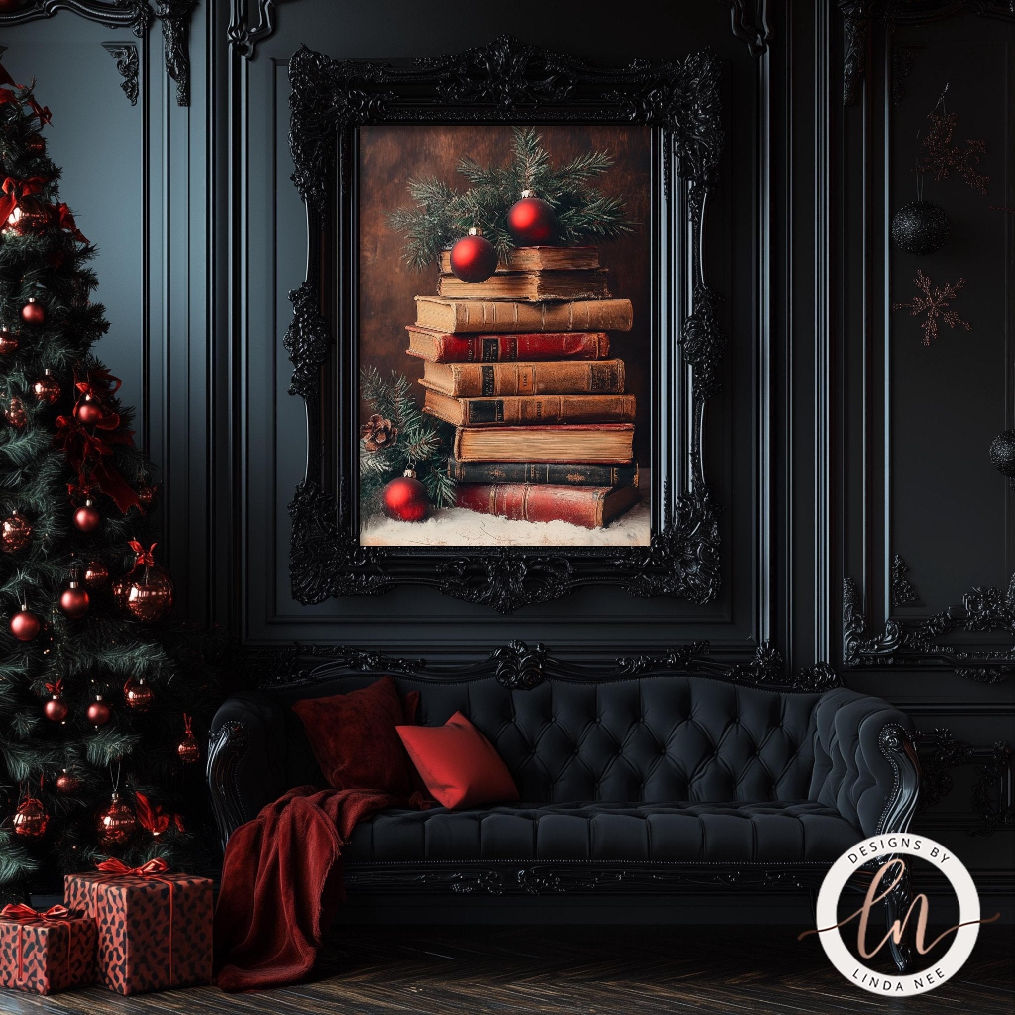 Christmas Book Stack Art Print - Holiday Decor for Book Lovers