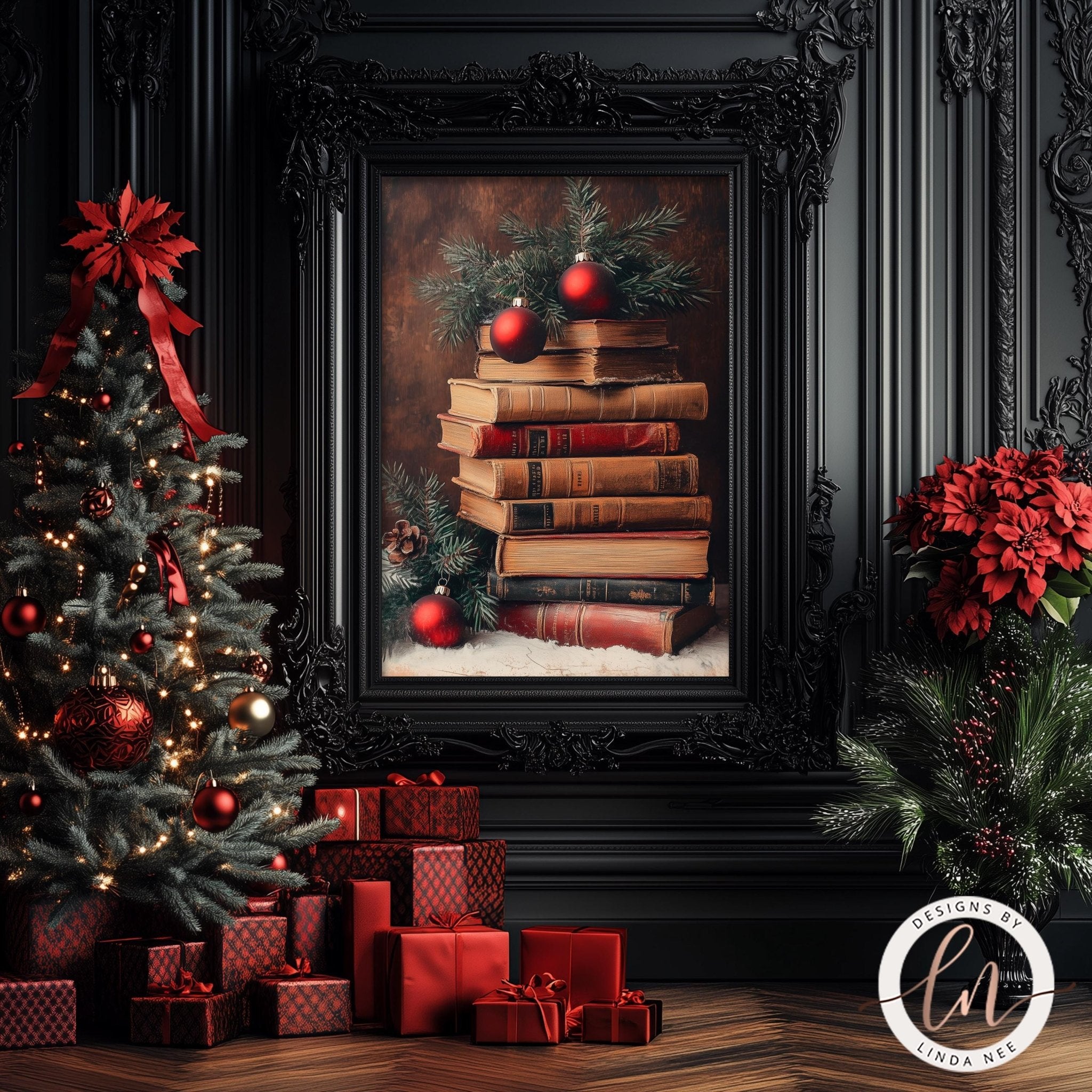 Christmas Book Stack Art Print - Holiday Decor for Book Lovers