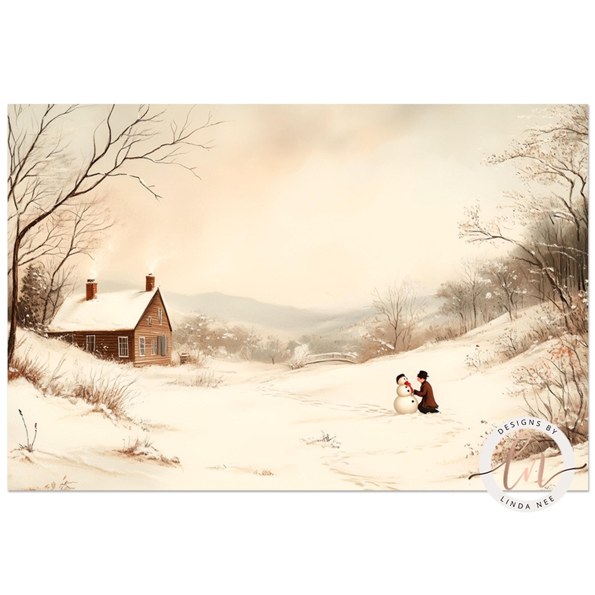 A snowy winter scene with a person sitting on the snow and a snowman nearby, with a wooden cabin in the background.