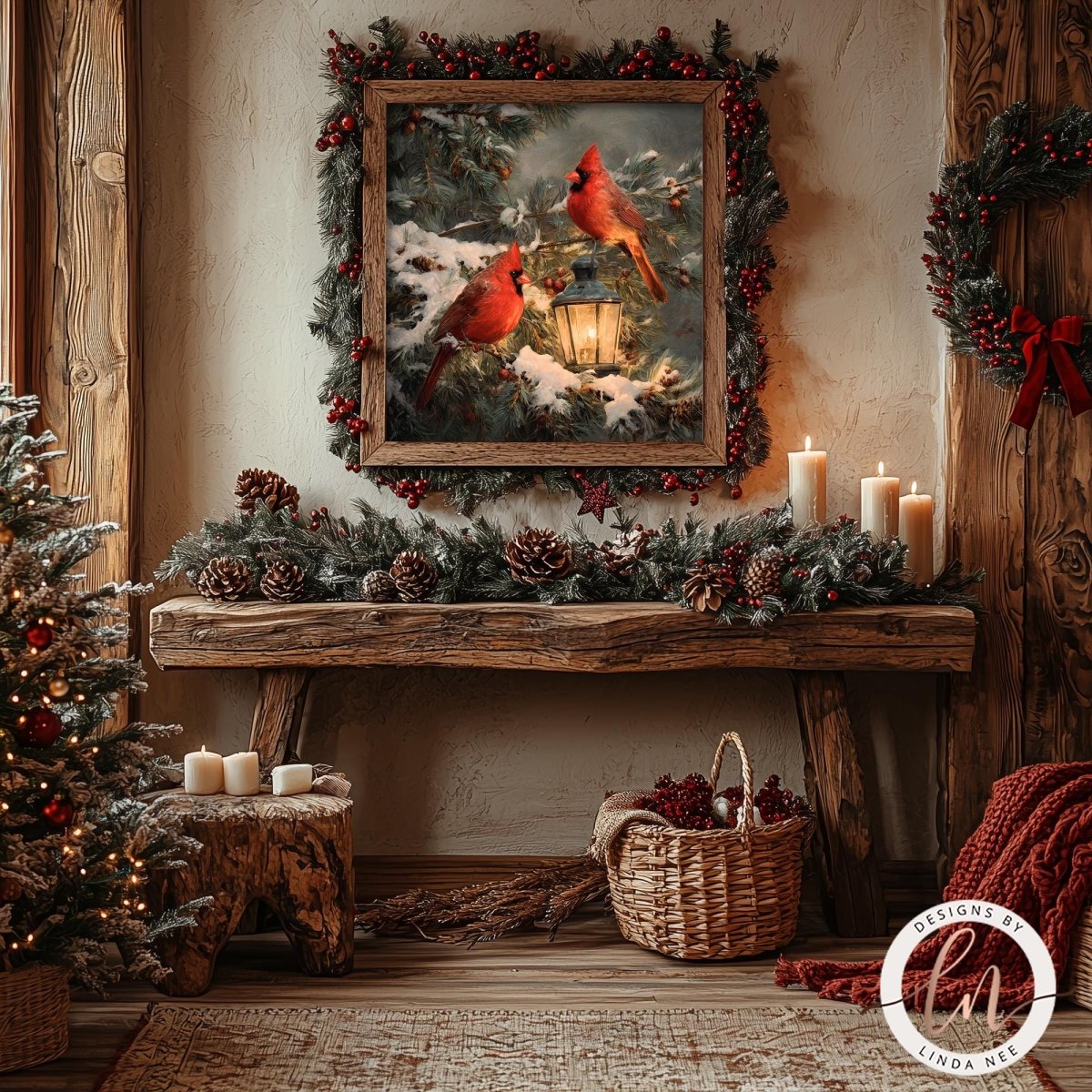 a cozy and festive Christmas scene, featuring a wooden console table adorned with pine cones, pine branches, and a wreath. Above the console table hangs a framed painting of two red cardinals perched on a branch, with a lantern in the background. The room is decorated with Christmas lights, candles, and a Christmas tree, creating a warm and inviting atmosphere.