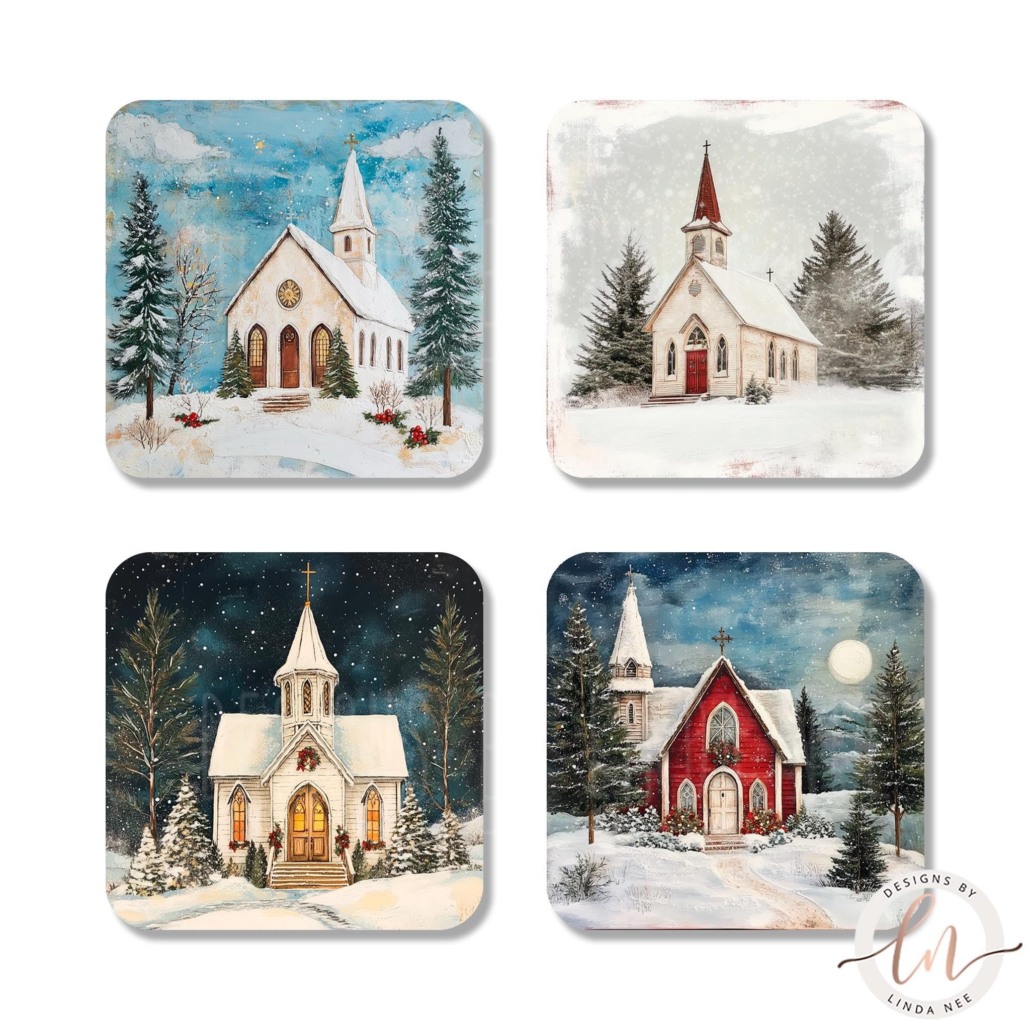 Christmas Coasters Set - Winter Church Art Religious Gift