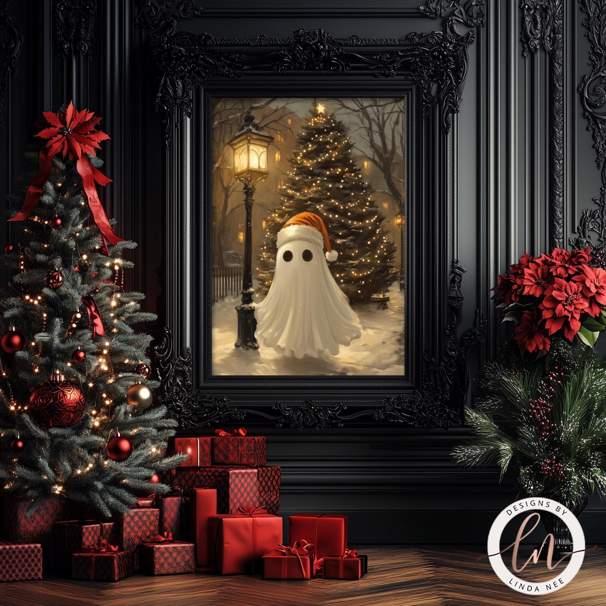 a festive Christmas scene with a framed painting of a ghost in the center, surrounded by a decorated Christmas tree, red poinsettias, and a pile of wrapped presents.