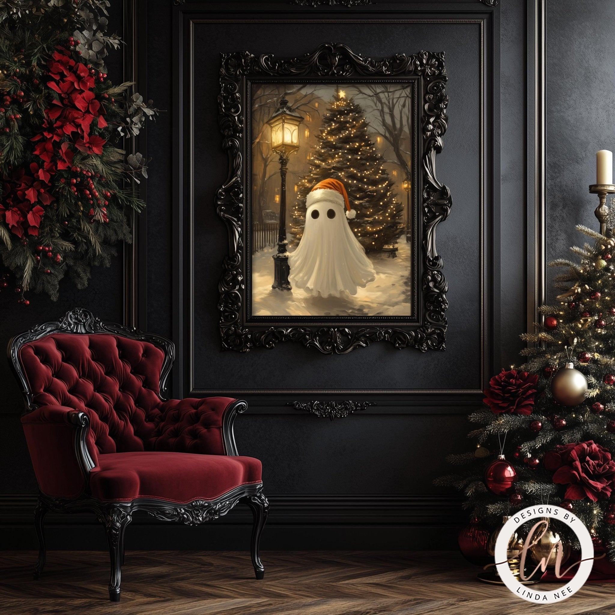 a cozy and festive Christmas scene with a red velvet chair, a framed painting of a ghost, a Christmas tree, and a red rose.