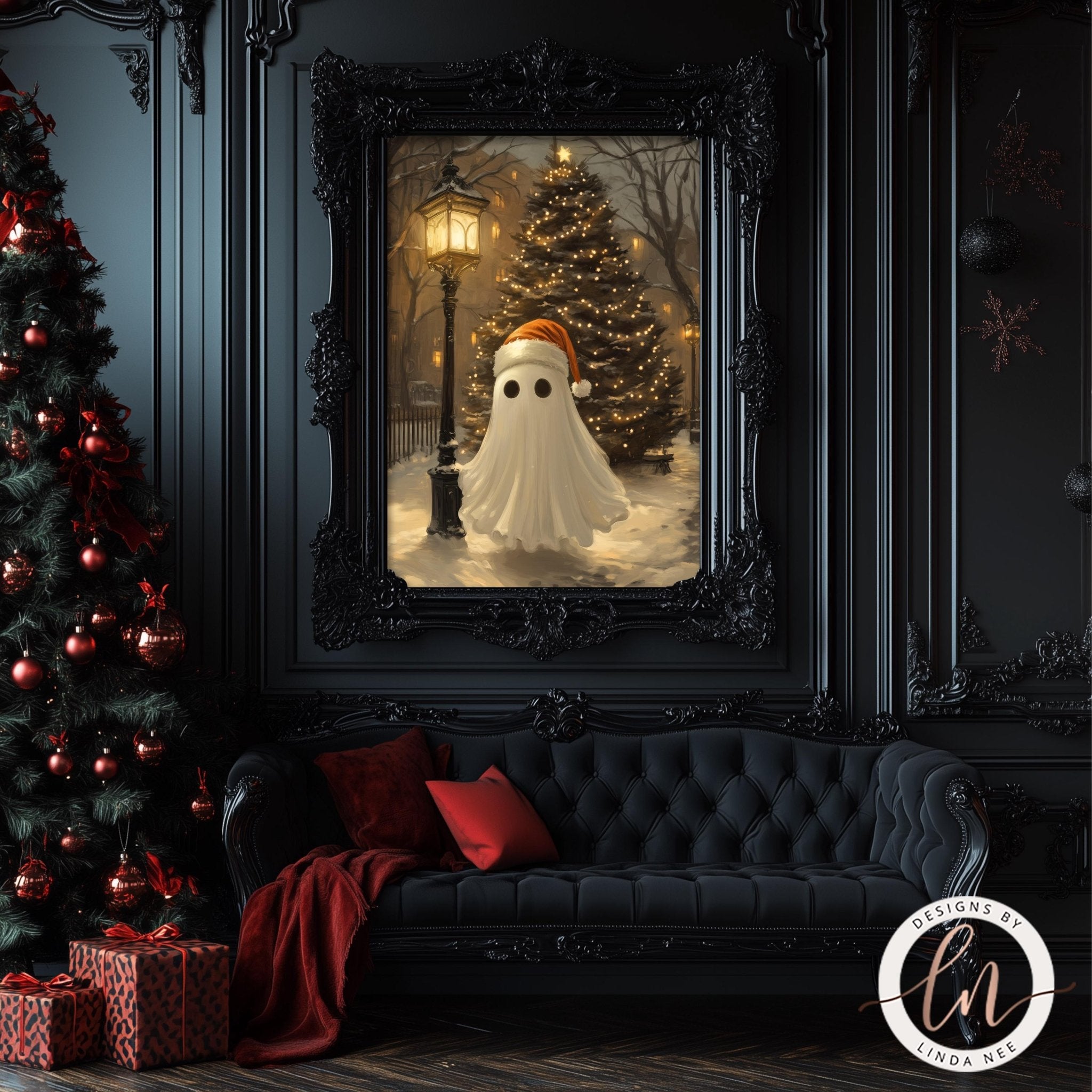 a cozy, dark-themed living room with a large, ornate black picture frame hanging on the wall, depicting a ghost in a snowy landscape with a lit Christmas tree in the background.