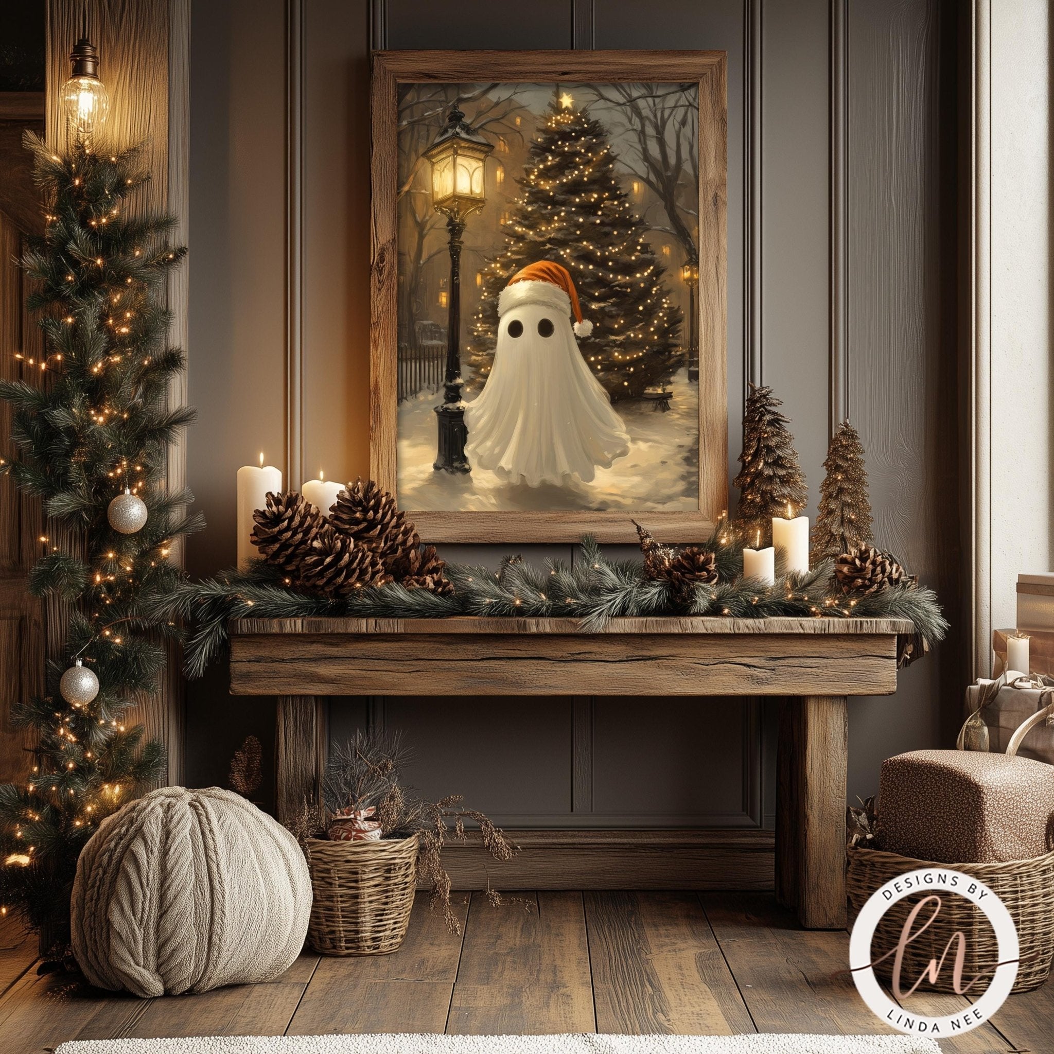 a cozy and festive Christmas scene with a framed painting of a ghost in the background, surrounded by holiday decorations such as pine cones, candles, and a Christmas tree.