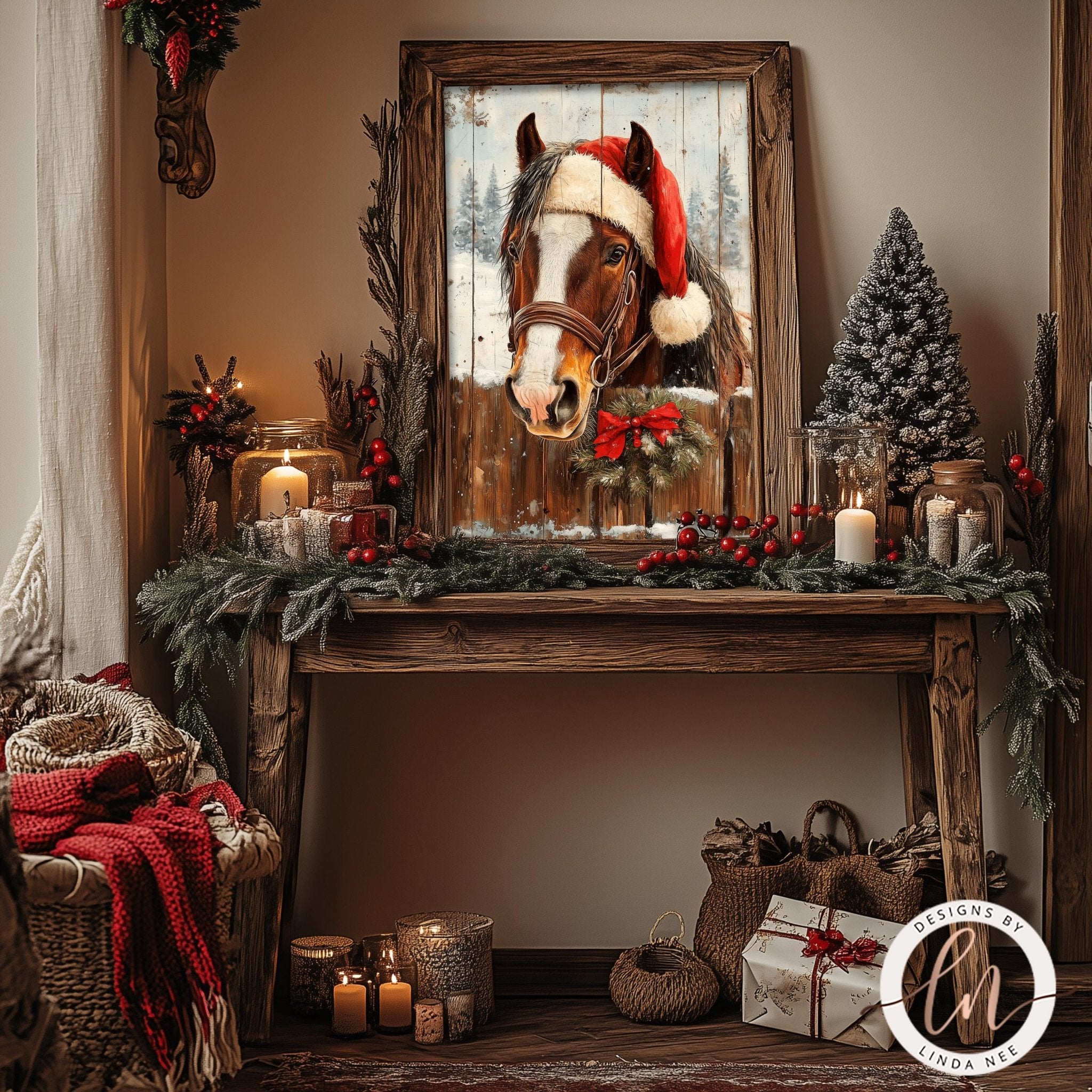 A wooden table with a framed picture of a horse wearing a Santa hat, surrounded by holiday decorations such as garlands, berries, and candles.