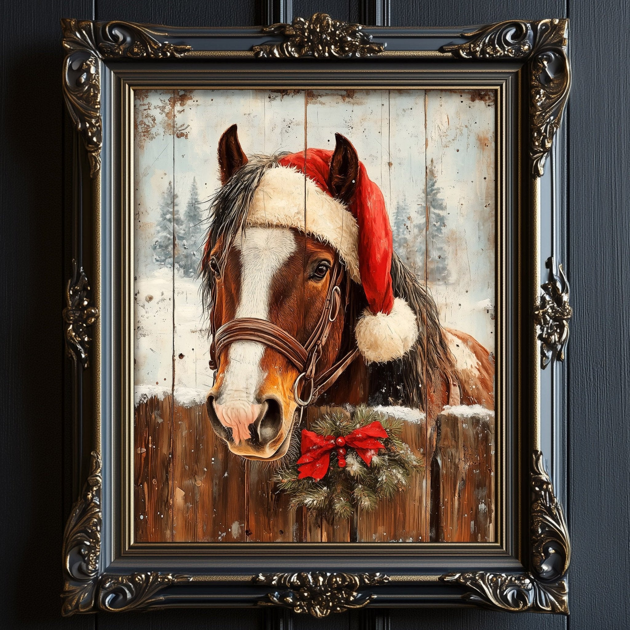 A horse wearing a Santa hat and holding a wreath is the central focus of the framed artwork.
