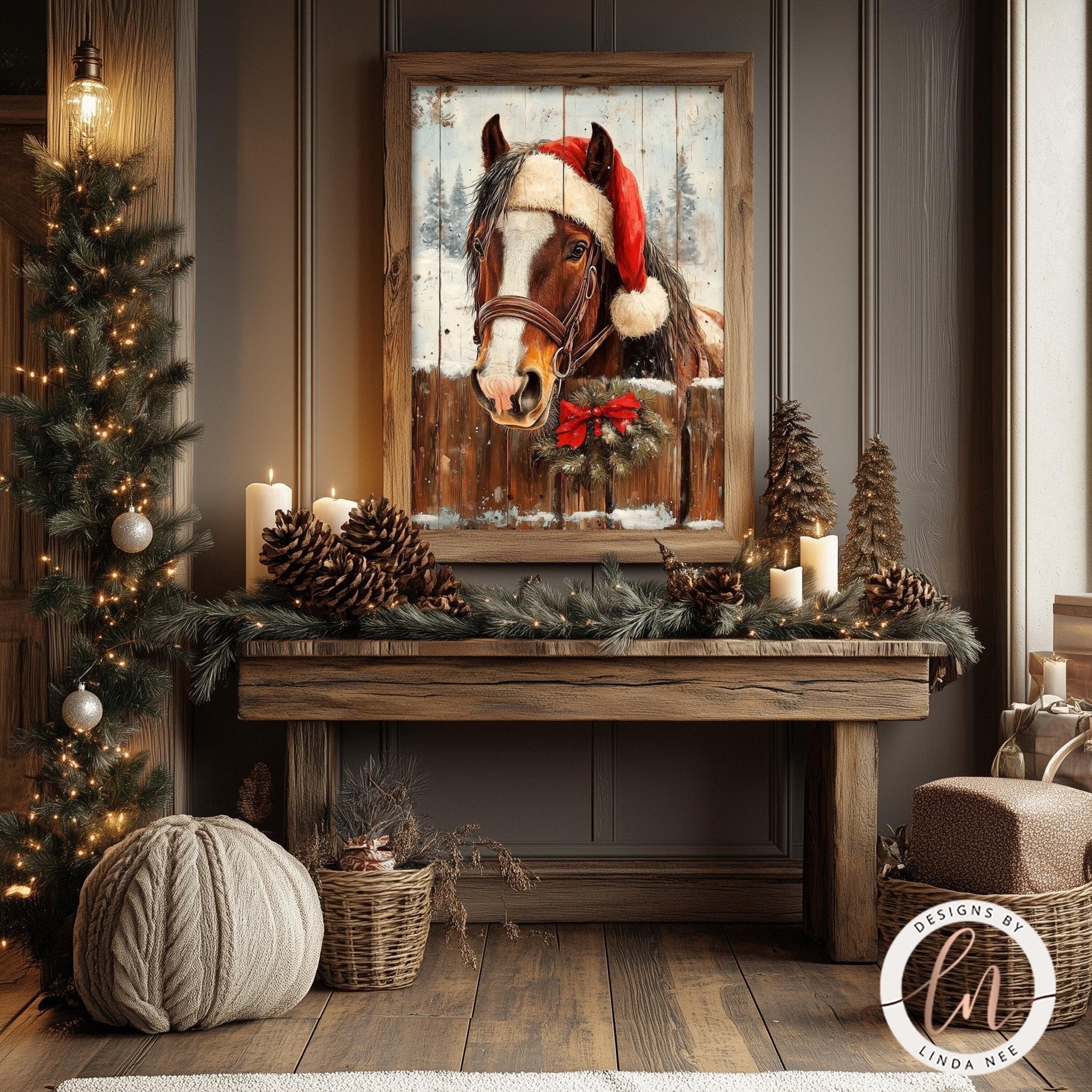 a wooden table with a framed painting of a horse wearing a Santa hat, surrounded by Christmas decorations such as pine cones, candles, and a wreath.