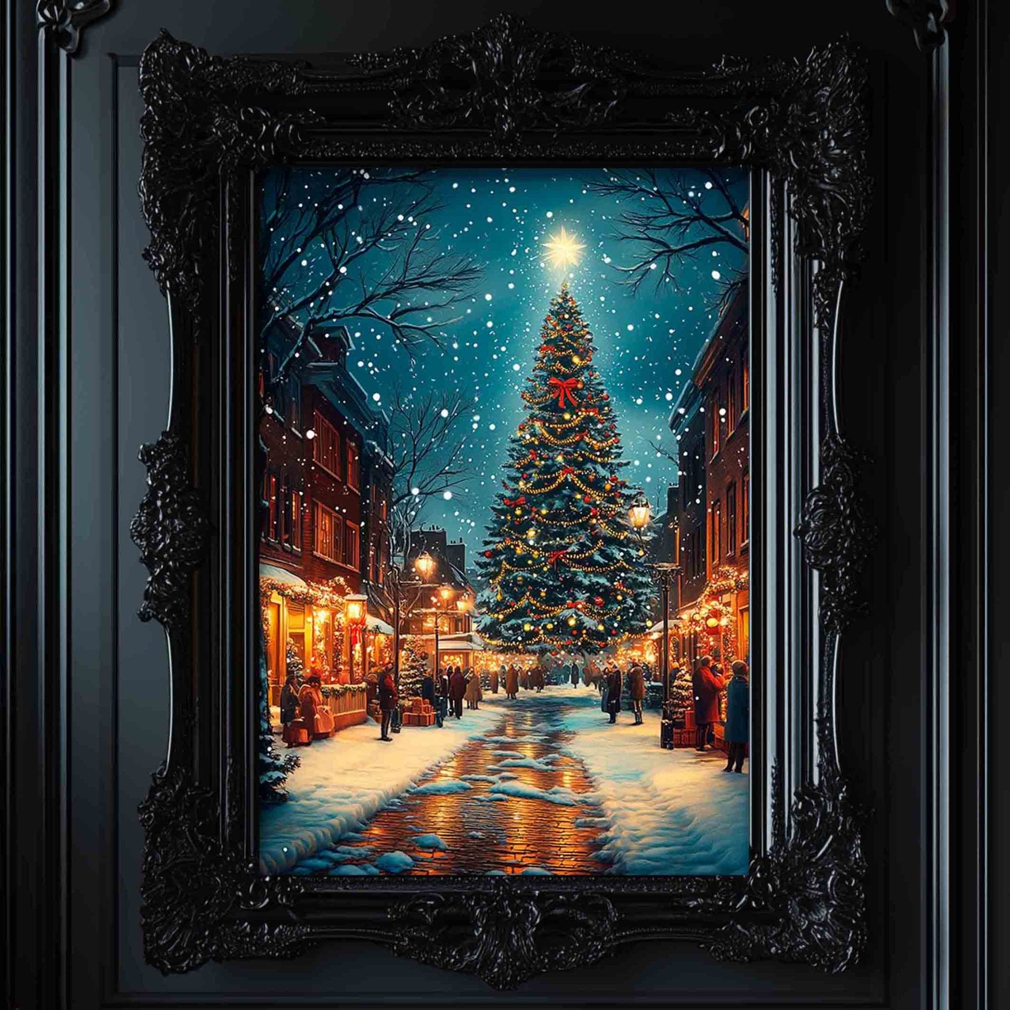 a snowy street scene with a large, brightly lit Christmas tree in the center, surrounded by people walking around and enjoying the festive atmosphere.