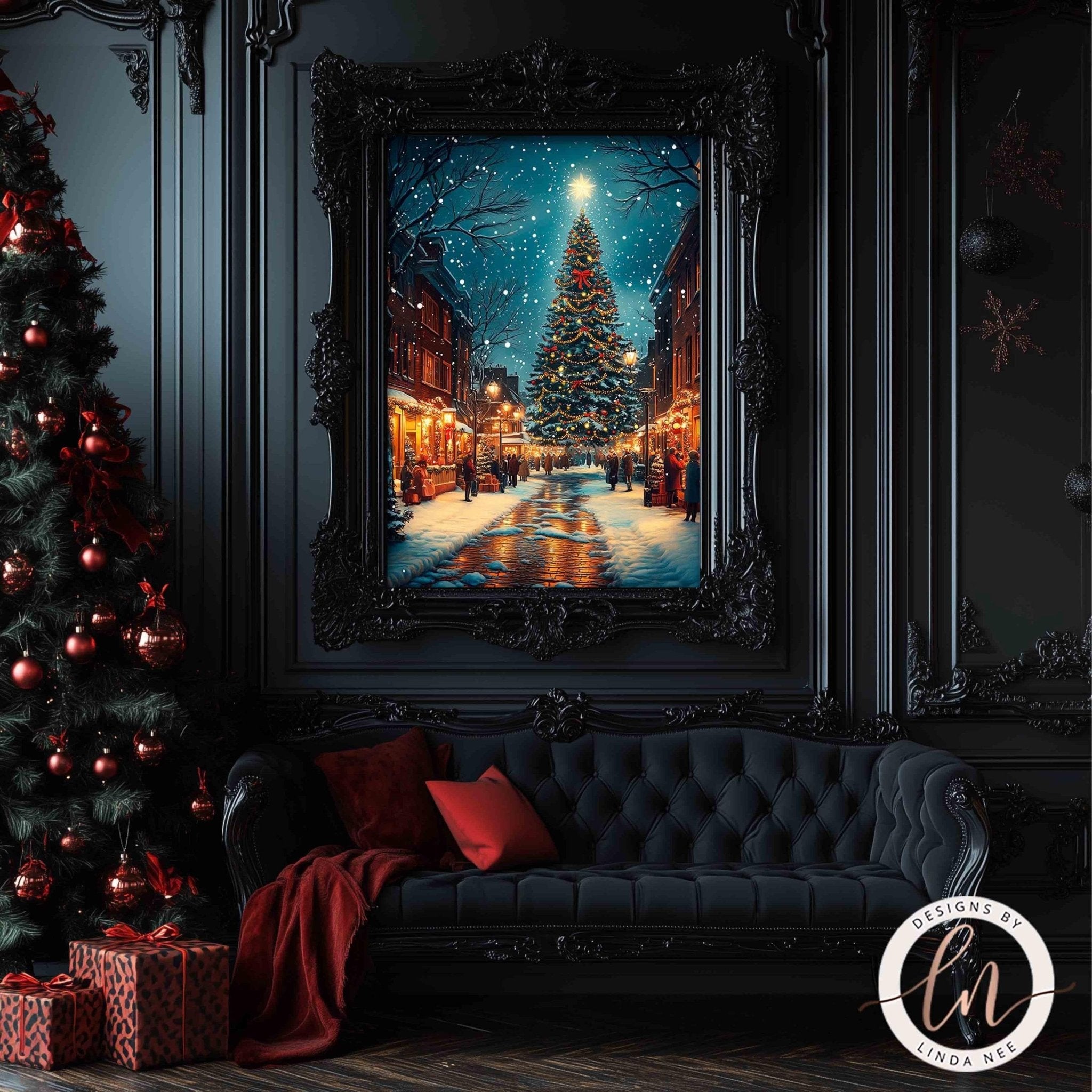 a cozy and festive Christmas scene, with a large framed picture of a snowy street and a beautifully decorated Christmas tree in the background. The room has dark wood paneling and a plush black sofa, creating a warm and inviting atmosphere. The overall color scheme is predominantly red and black, with the red accents adding a touch of holiday cheer.
