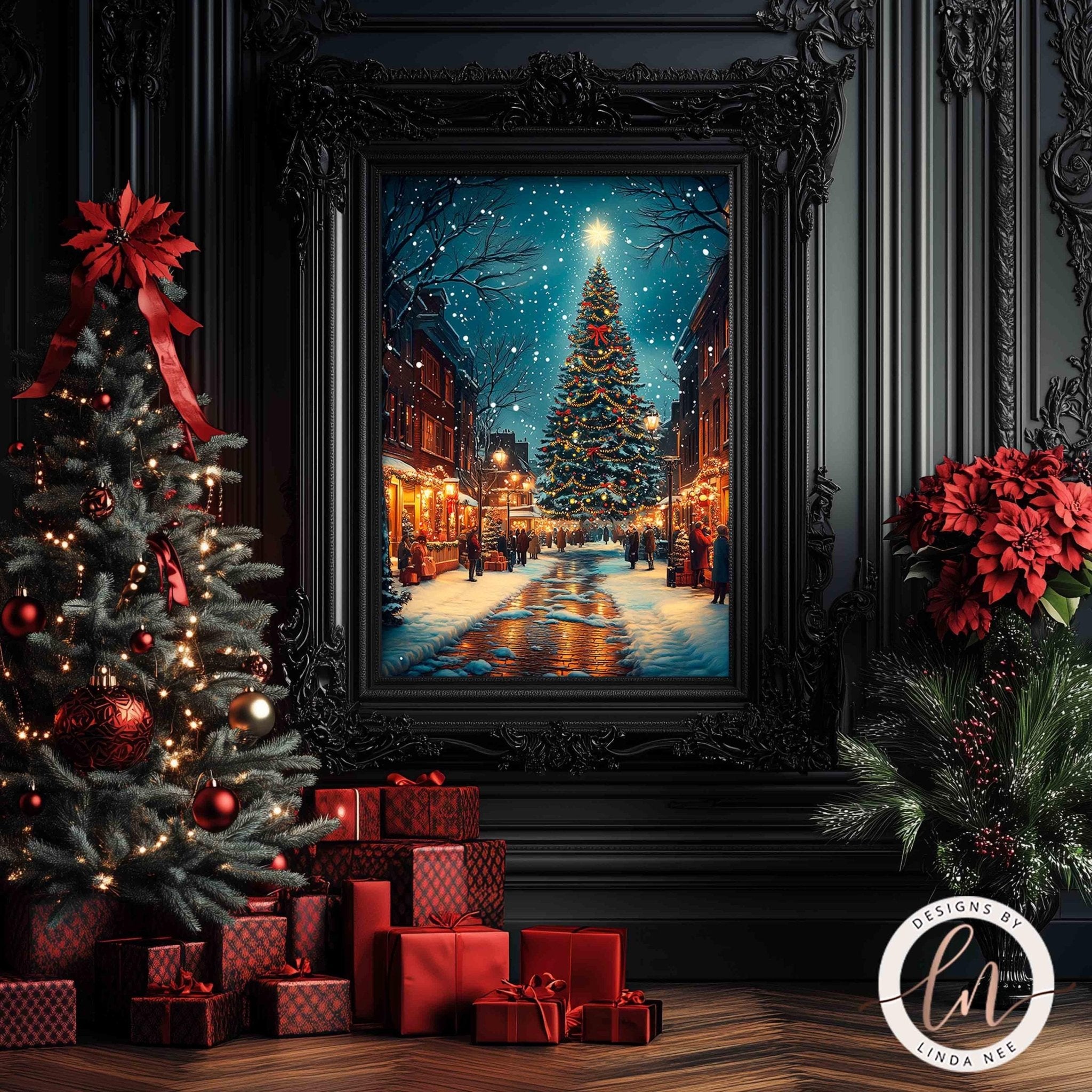a beautifully decorated Christmas scene with a large framed picture of a snowy street with a lit Christmas tree in the center. The picture is surrounded by a variety of Christmas decorations, including a decorated Christmas tree, red poinsettias, and a collection of wrapped gifts. The overall atmosphere of the image is festive and warm, with the Christmas tree and decorations creating a cozy and inviting setting.