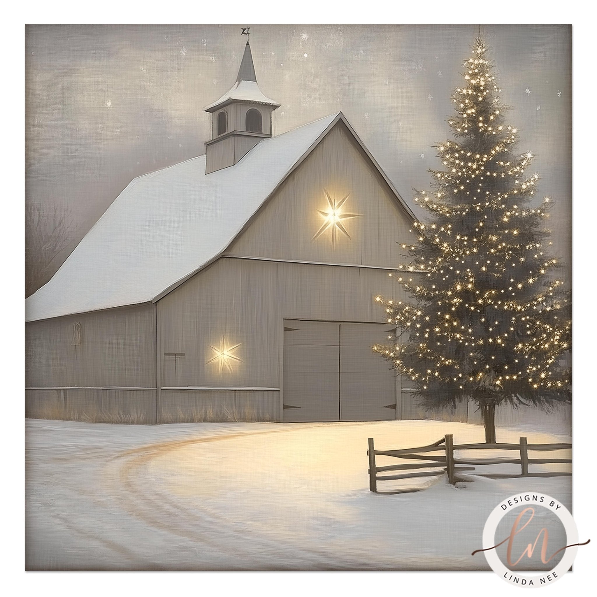 A snowy wooden barn with a star-shaped light on its side, surrounded by a wooden fence and a Christmas tree with twinkling lights.