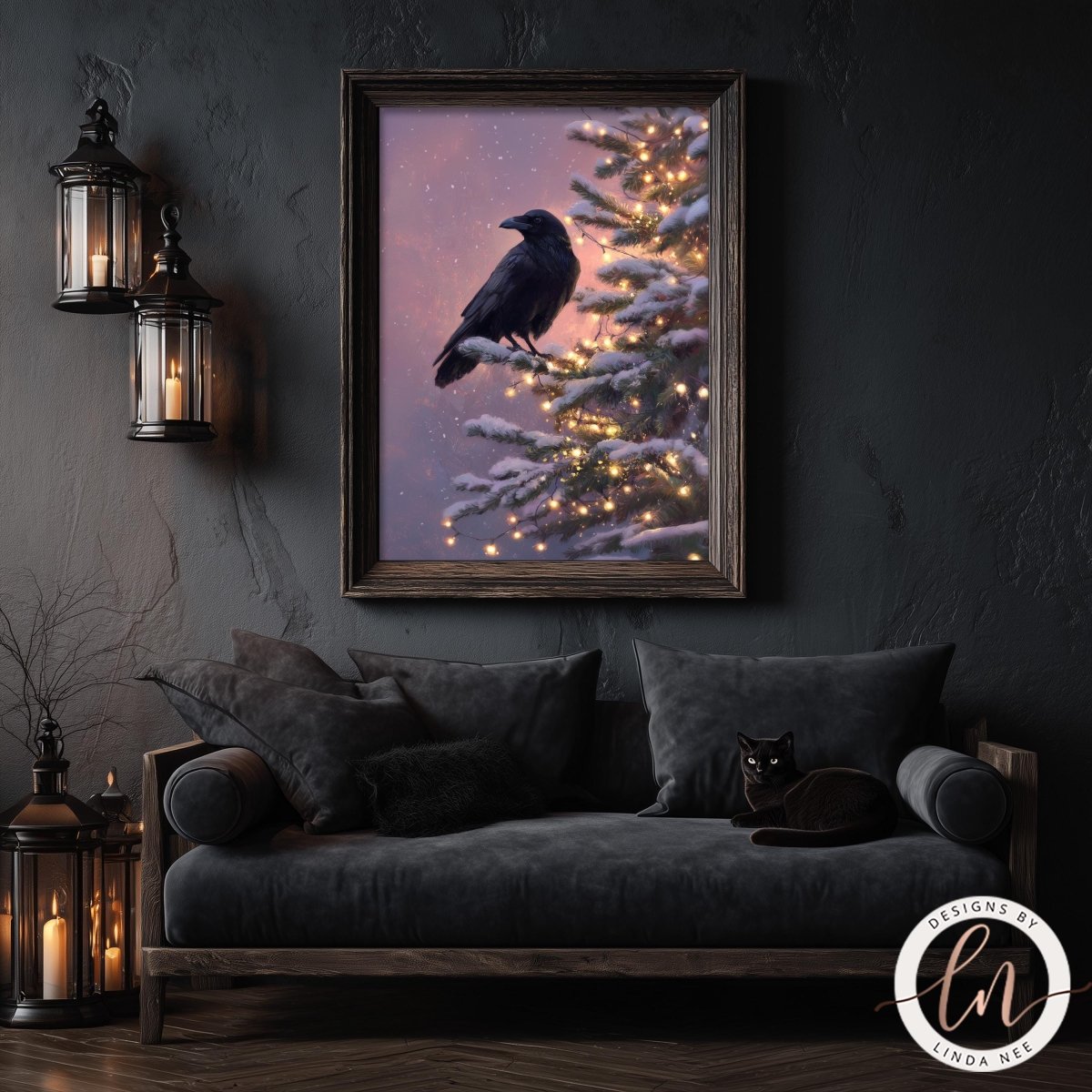 a black cat sitting on a gray couch, with a framed picture of a bird perched on a tree branch above it. The background of the picture is a purple and pink color, and there are lights on the tree branch, creating a cozy and festive atmosphere.