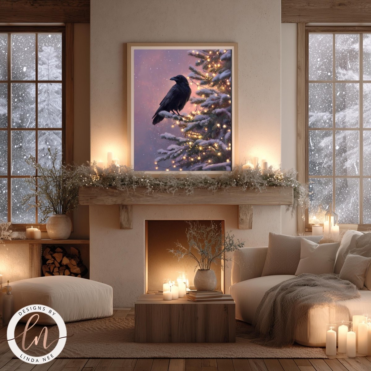 a cozy living room with a fireplace, a large framed picture of a black bird perched on a snowy branch, and a warm, inviting atmosphere created by the lit candles and the soft lighting.