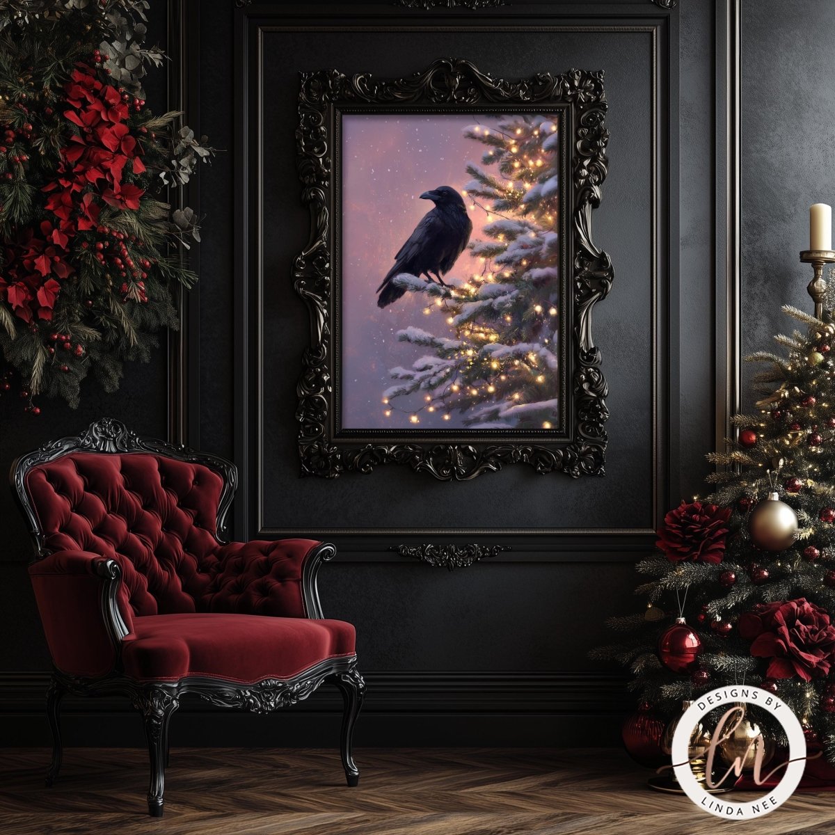 a black and red chair, a framed picture of a black crow perched on a snowy branch with twinkling lights, and a Christmas tree decorated with red and gold ornaments.