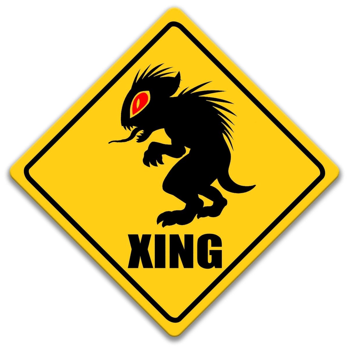 Chupacabra crossing caution sign, yellow diamond road sign with black chupacabra silhouette and XING lettering