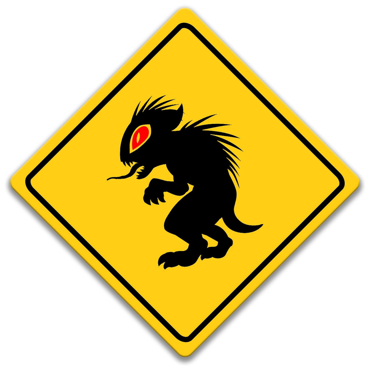 Chupacabra crossing caution sign, yellow diamond road sign with black chupacabra silhouette and glowing red eye