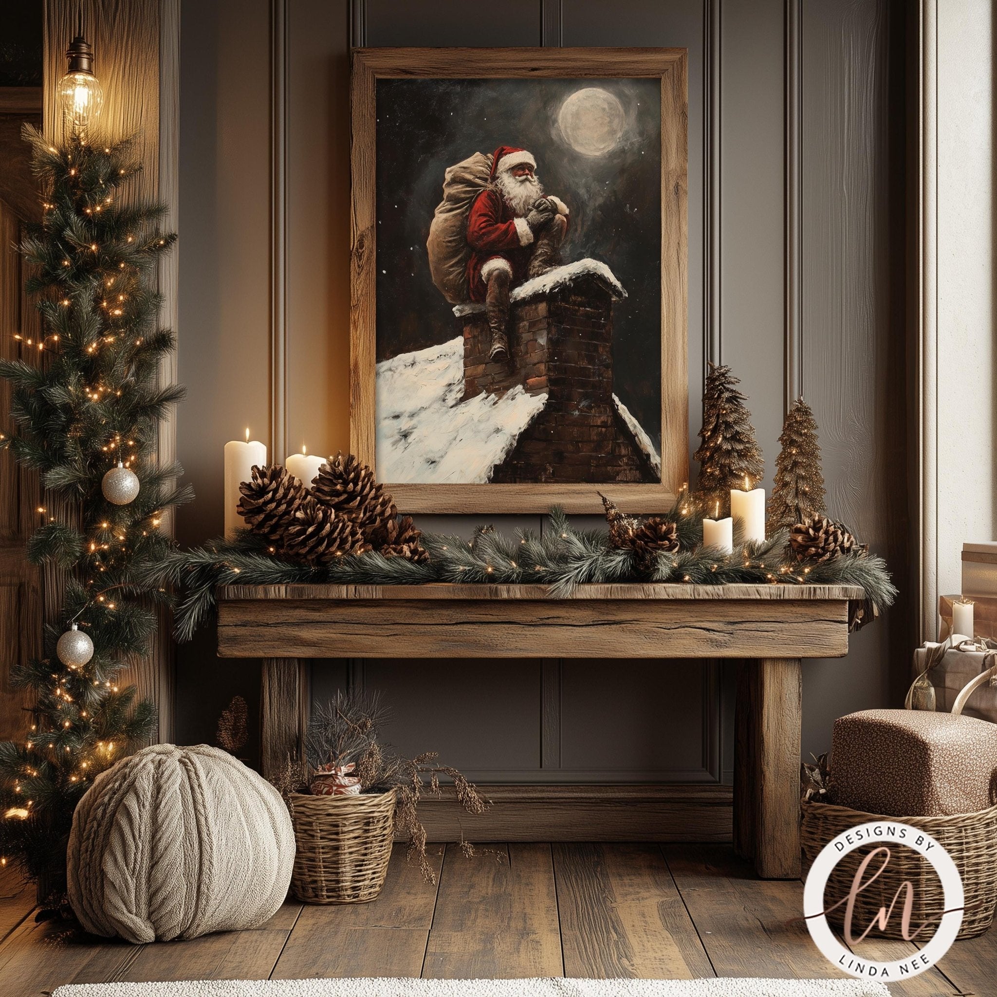 Classic Santa on Chimney - Dark Academia Holiday Art