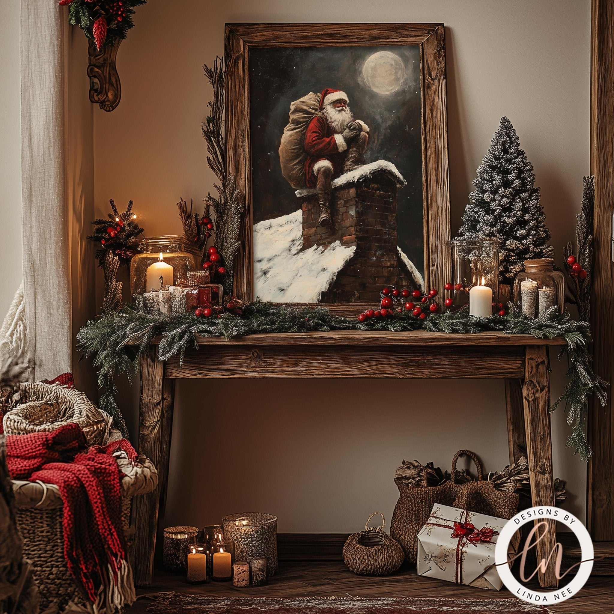 Classic Santa on Chimney - Dark Academia Holiday Art