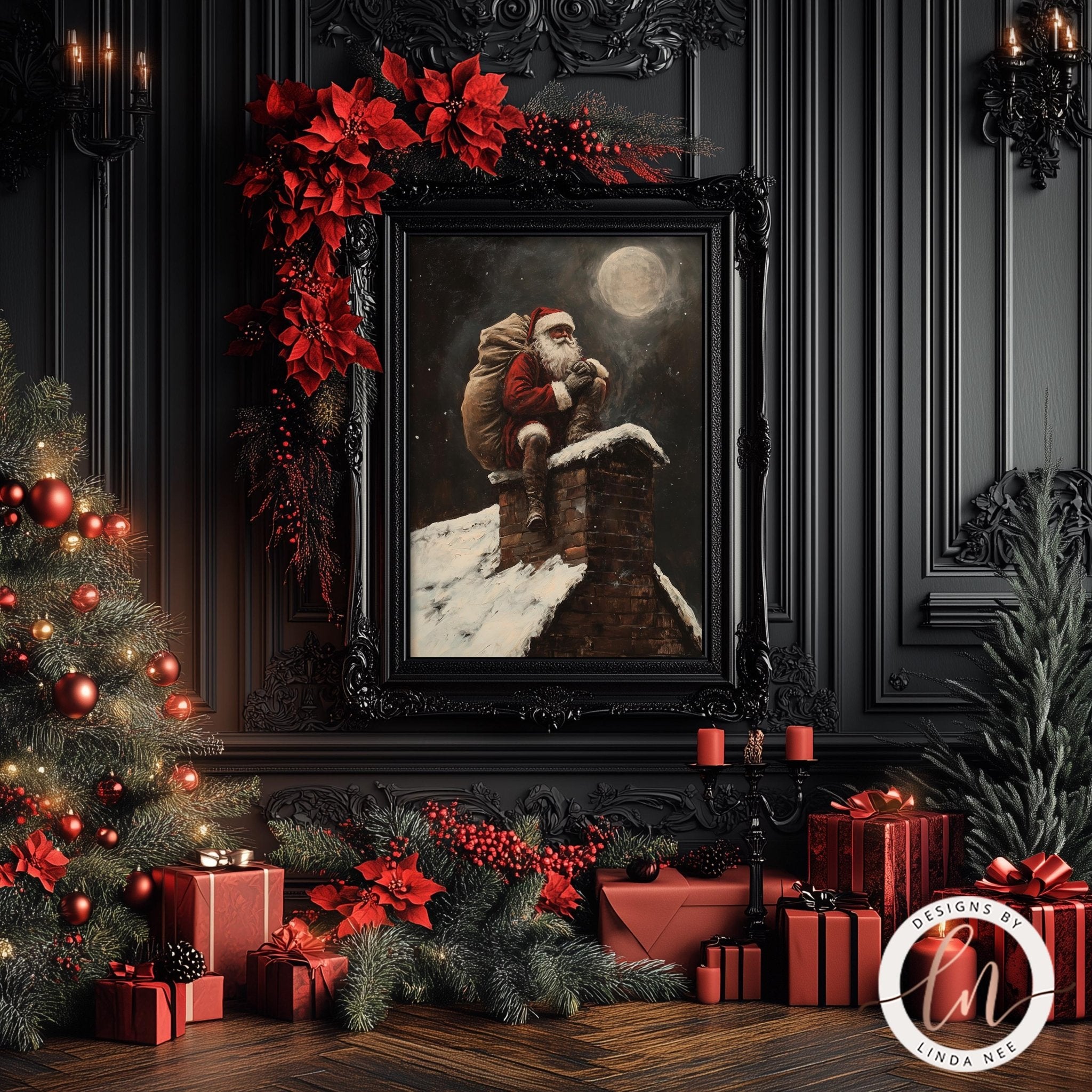 Classic Santa on Chimney - Dark Academia Holiday Art