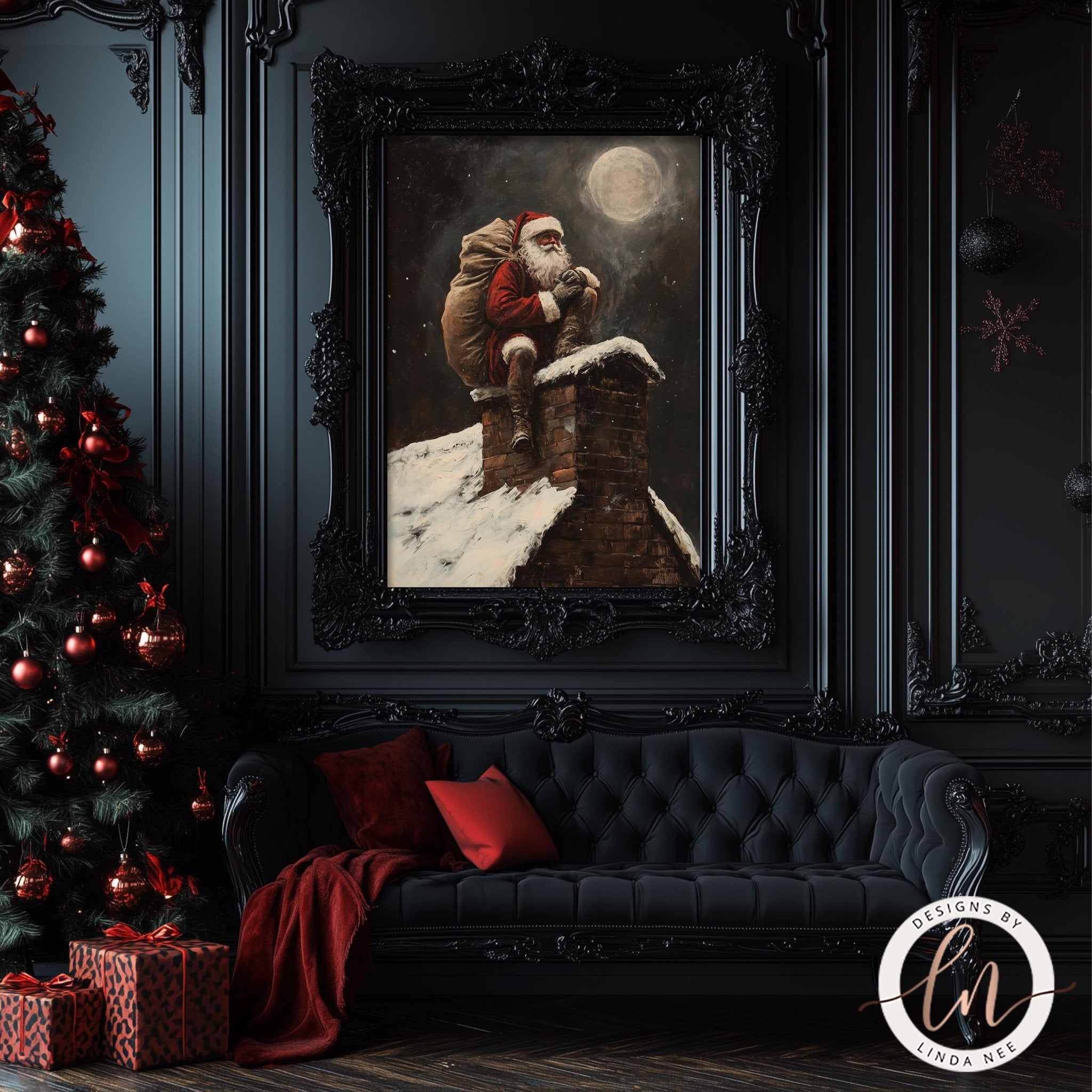 Classic Santa on Chimney - Dark Academia Holiday Art