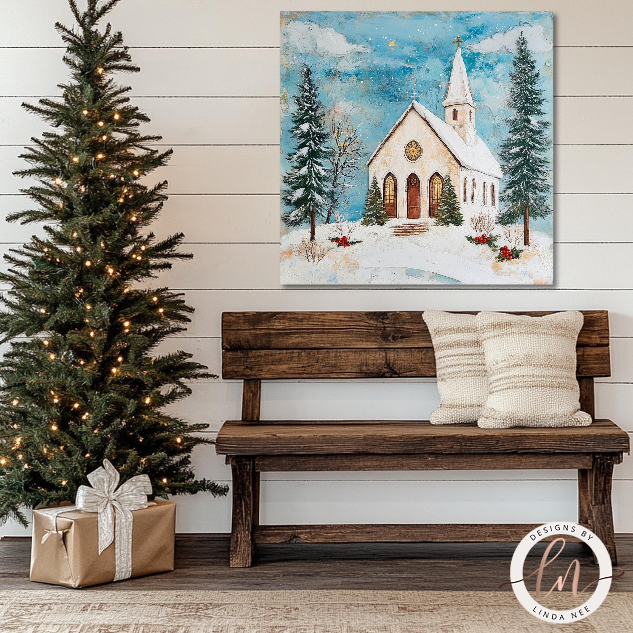a cozy Christmas scene with a decorated Christmas tree, a wooden bench, and a painting of a church with a snowy landscape in the background.