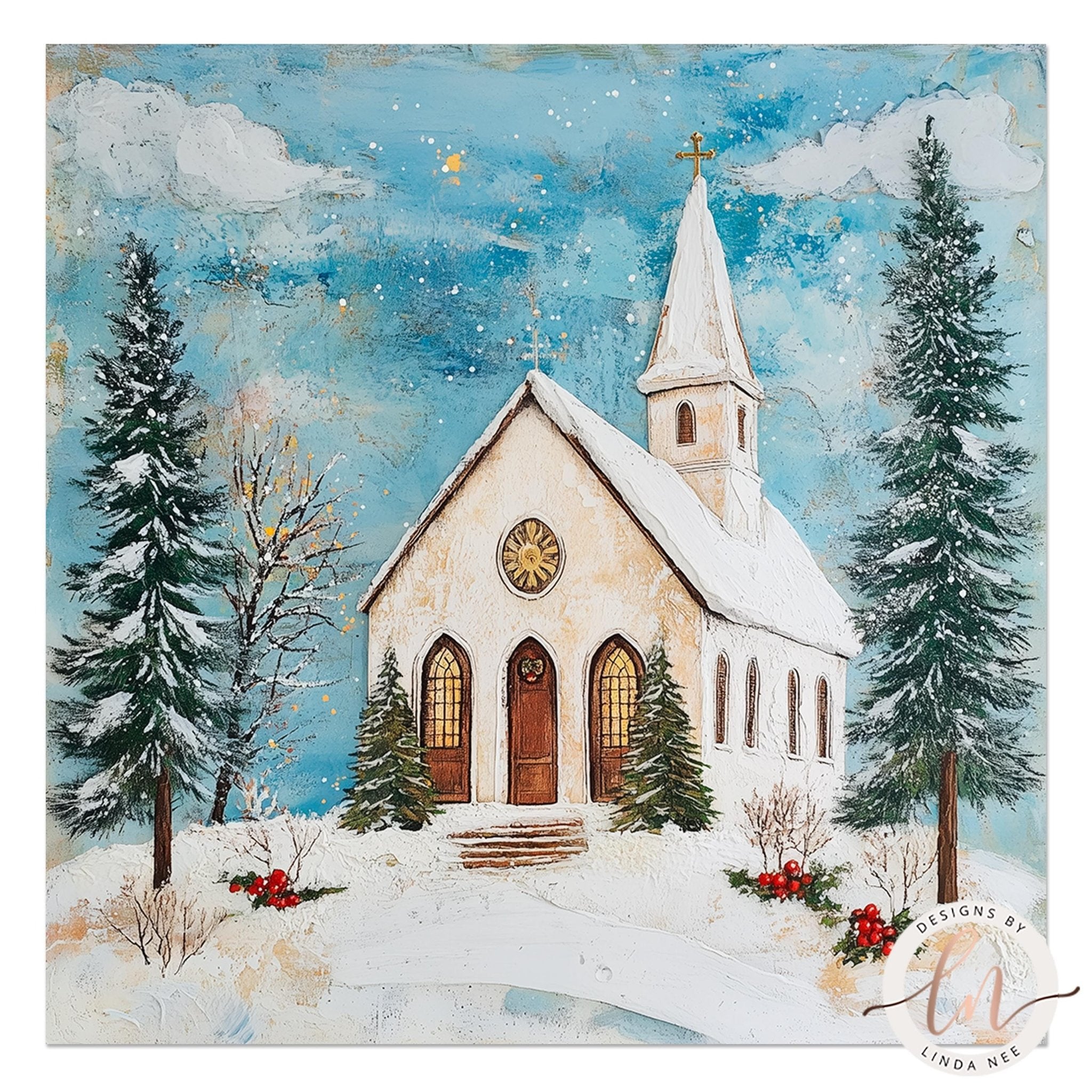 A white church with a steeple stands in a snowy landscape, surrounded by pine trees and a starry sky.