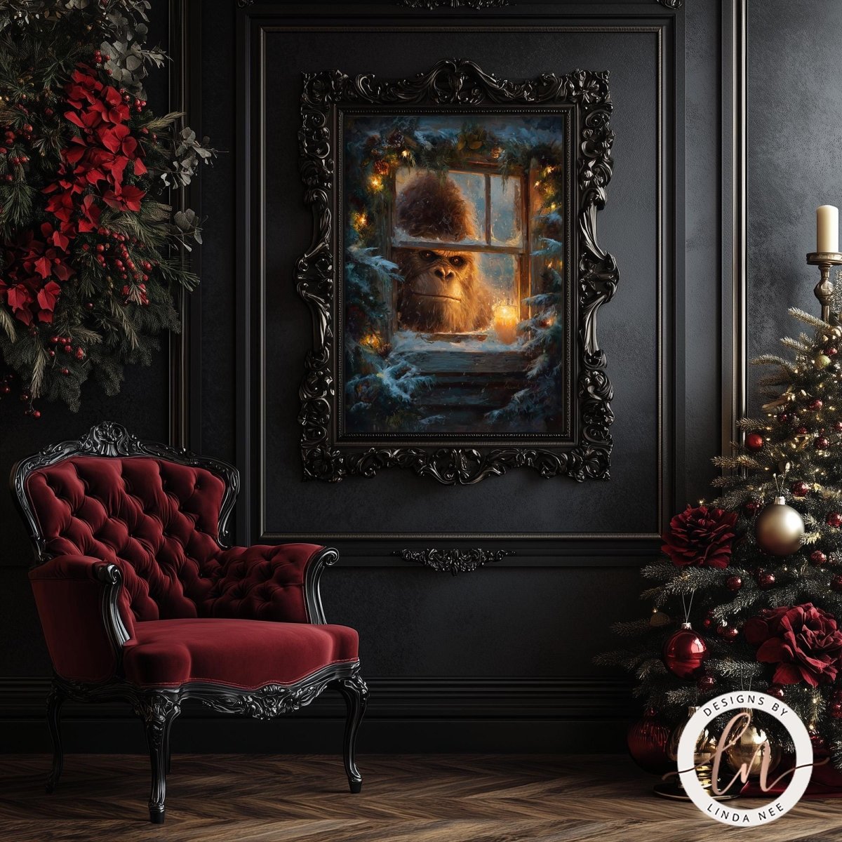 a dark, ornate room with a red velvet chair, a Christmas tree, and a framed painting of a gorilla peeking out from a window.