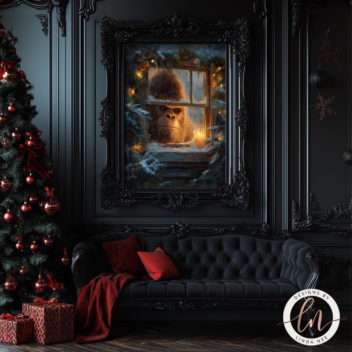 a dark, ornate room with a large, framed painting of a monkey peeking out from a window. The room is decorated with Christmas ornaments, including a Christmas tree, and a couch with red pillows. The overall atmosphere of the room is cozy and festive, with the painting adding a touch of whimsy and intrigue.