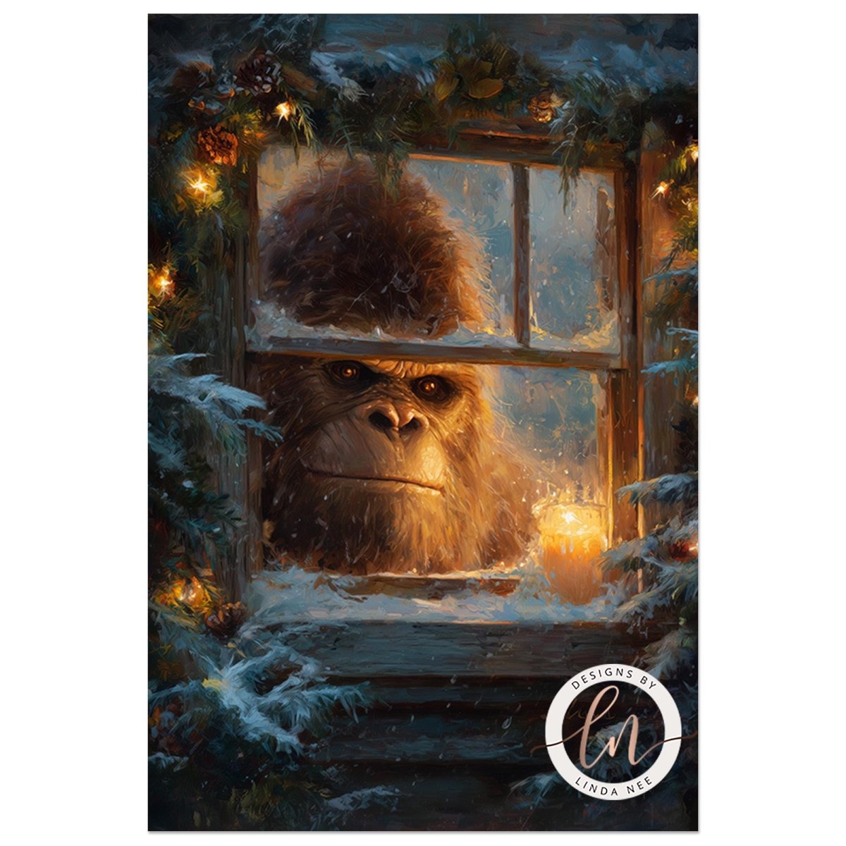 A large, furry creature peeks out from behind a window adorned with Christmas lights and greenery, creating a whimsical and festive scene.