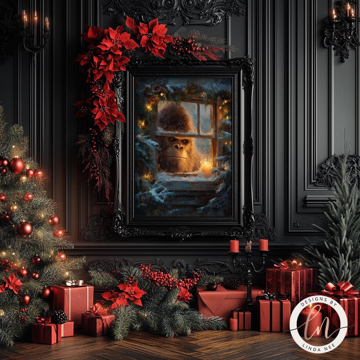 a festive Christmas scene with a framed painting of a cat peering out of a window, surrounded by red poinsettias, red presents, and a decorated Christmas tree.