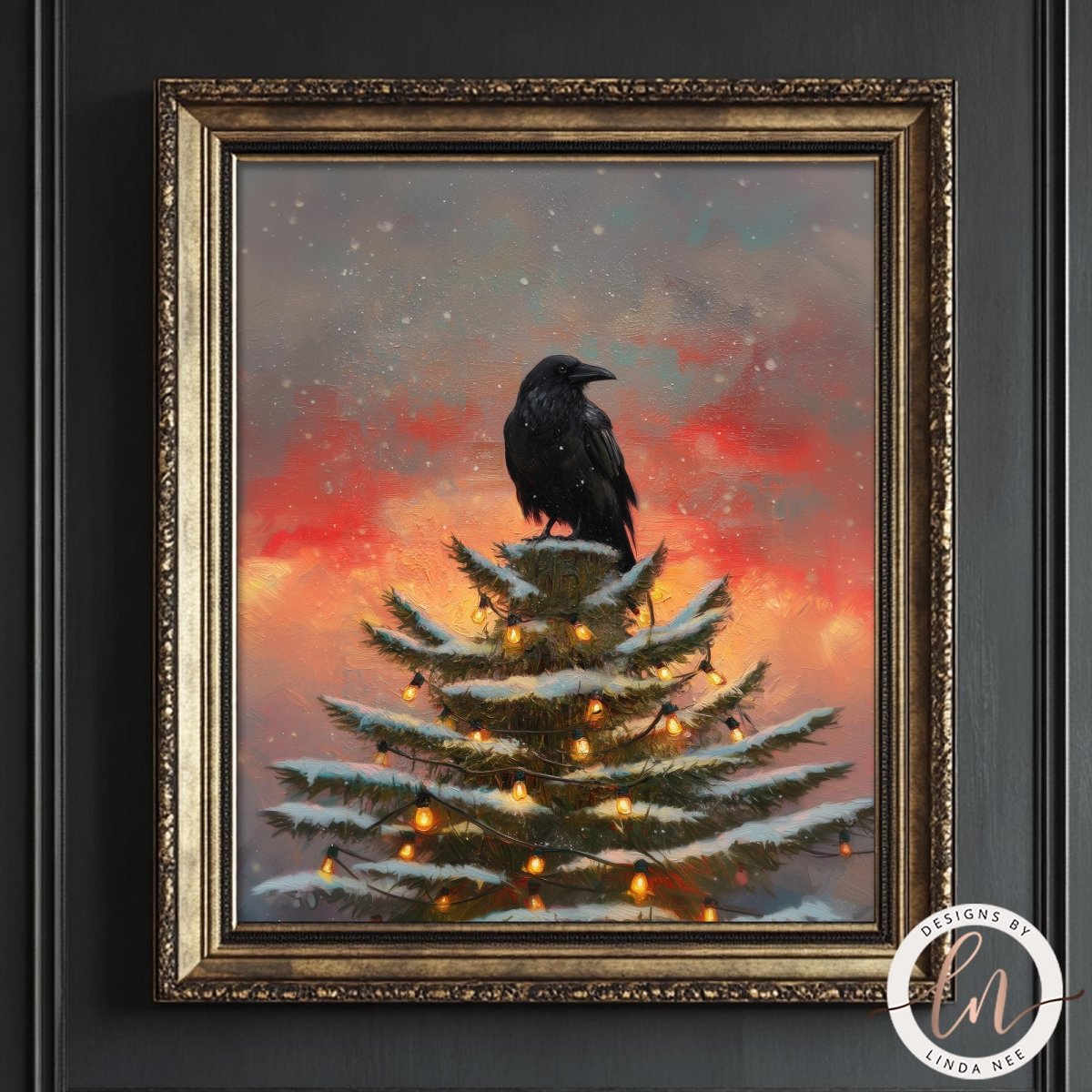 A black crow perches atop a snow-covered Christmas tree, its silhouette contrasting against the warm glow of the lights.
