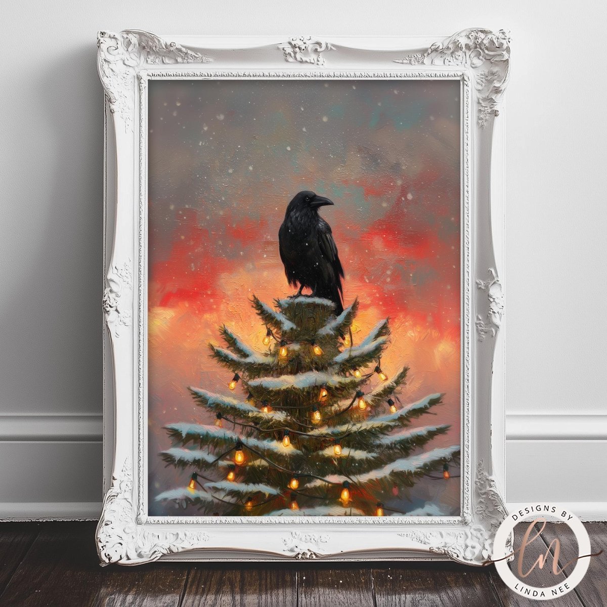 A black crow perches atop a snow-covered Christmas tree, its silhouette contrasting against the warm glow of the lights.
