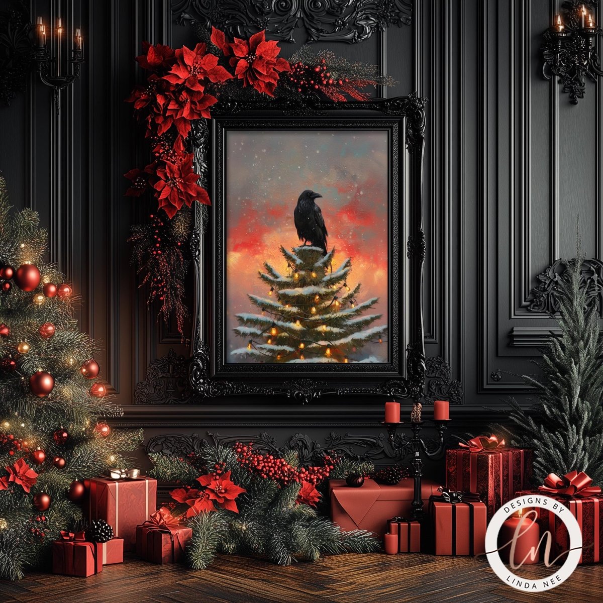 a festive Christmas scene with a framed painting of a bird perched on a Christmas tree, surrounded by red poinsettias, red presents, and a decorated tree.