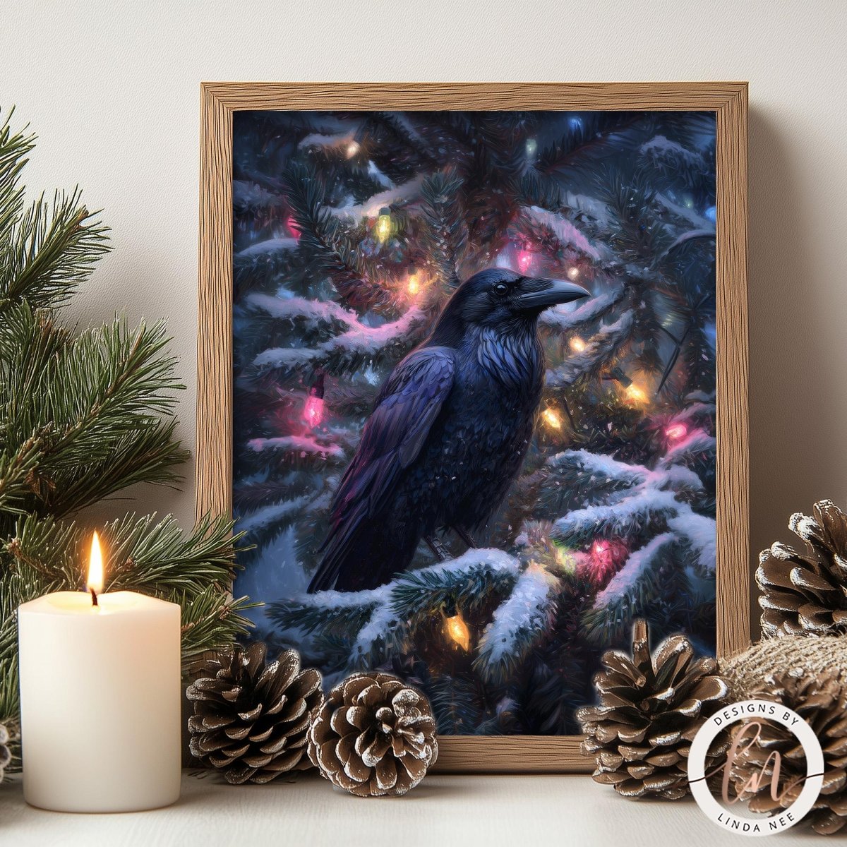 A framed image of a black crow perched on a snow-covered pine tree, surrounded by pine cones and a lit candle, creating a cozy holiday scene.