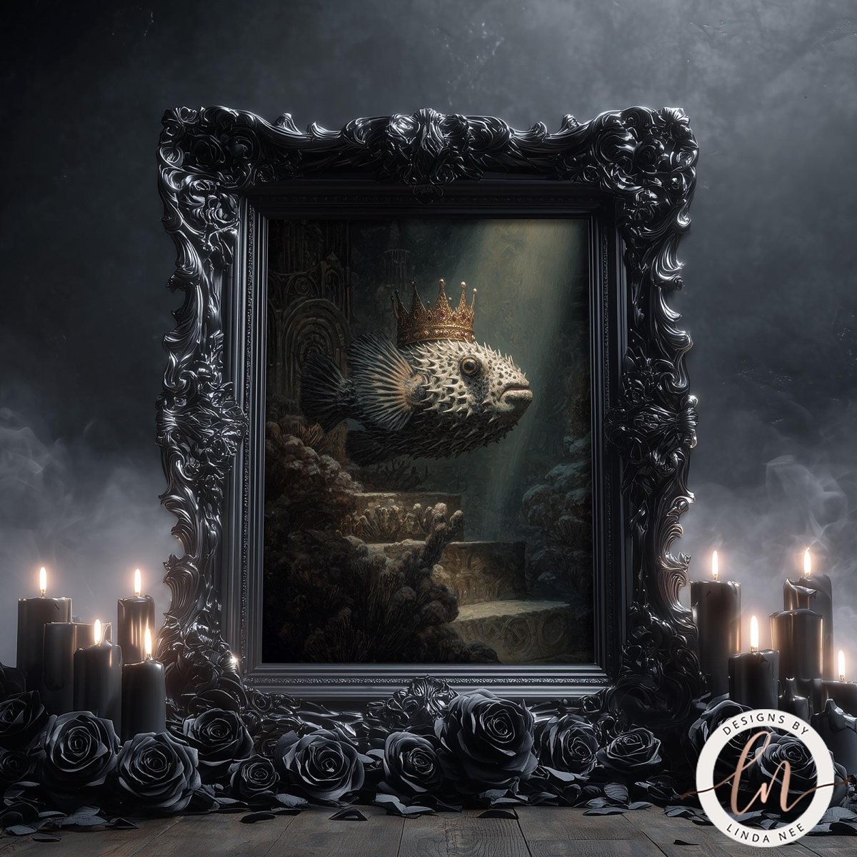 a painting of a fish wearing a crown, displayed in an ornate black frame. Surrounding the frame are candles and black roses, creating a dark and mysterious atmosphere.