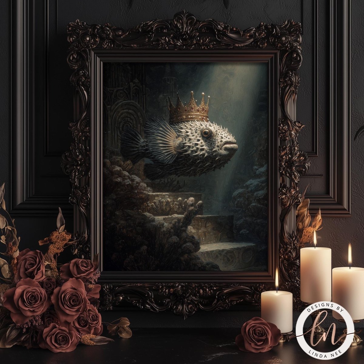 a painting of a fish wearing a crown, displayed in an ornate frame. The painting is surrounded by candles and roses, creating a romantic and mysterious atmosphere.