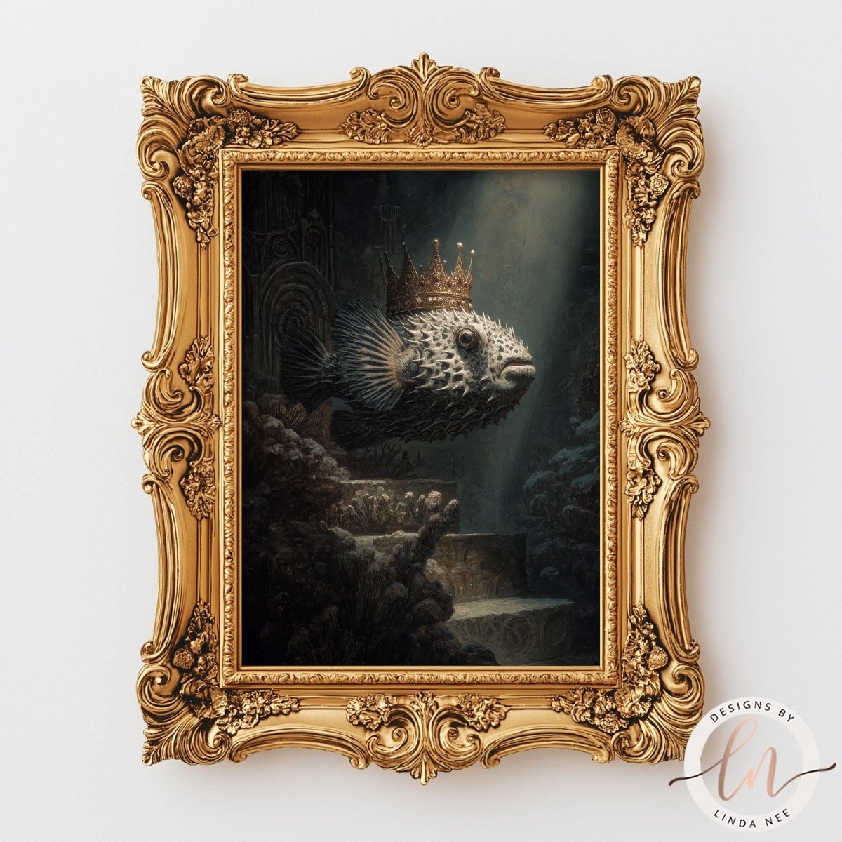 a painting of a fish wearing a crown, which is displayed in an ornate gold frame.
