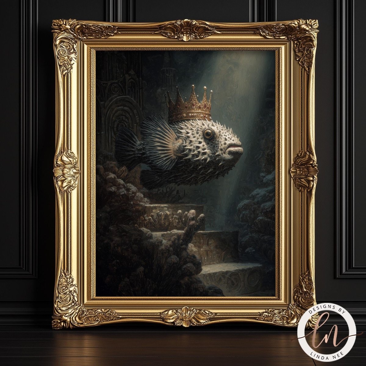 a painting of a fish wearing a crown, displayed in an ornate gold frame.