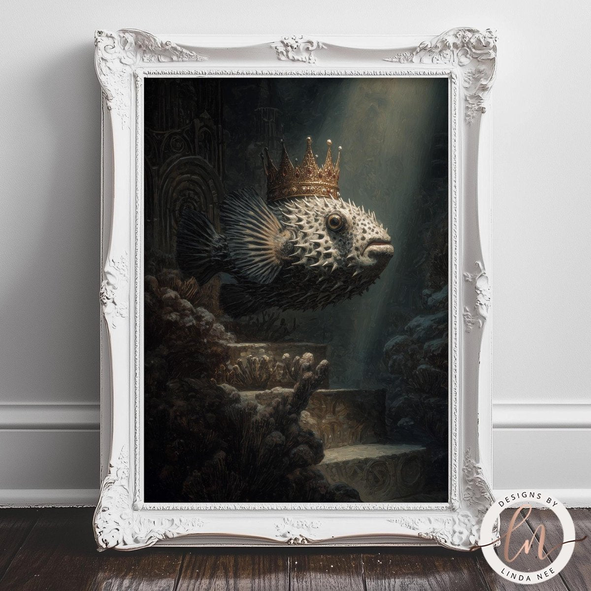 A framed painting depicting a fish wearing a crown, surrounded by a dark, mysterious underwater scene.