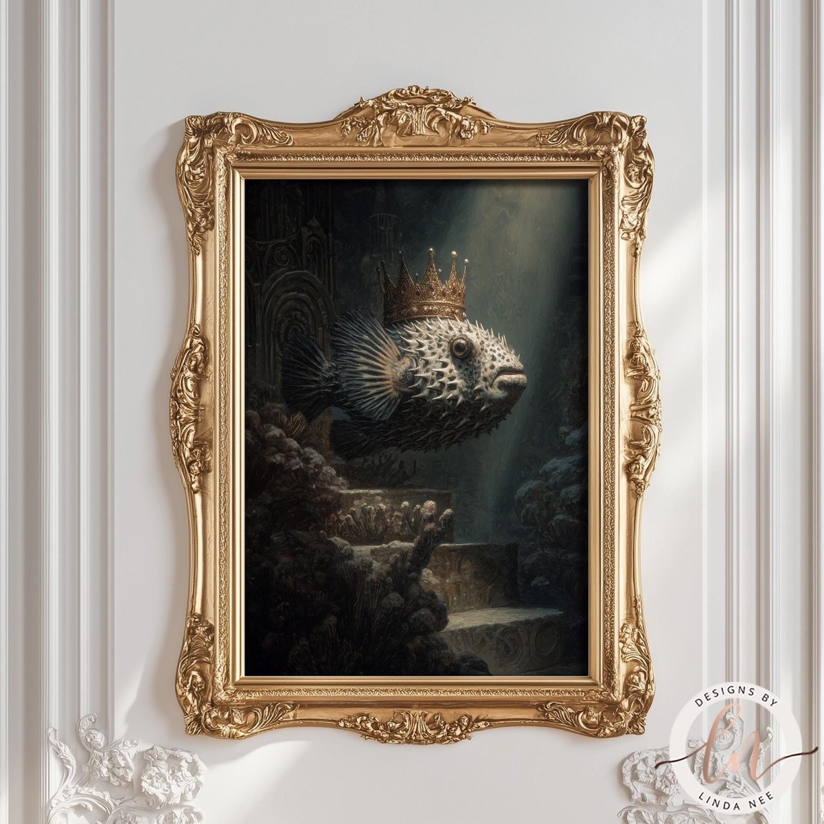 a painting of a fish wearing a crown, which is displayed in an ornate gold frame on a white wall.