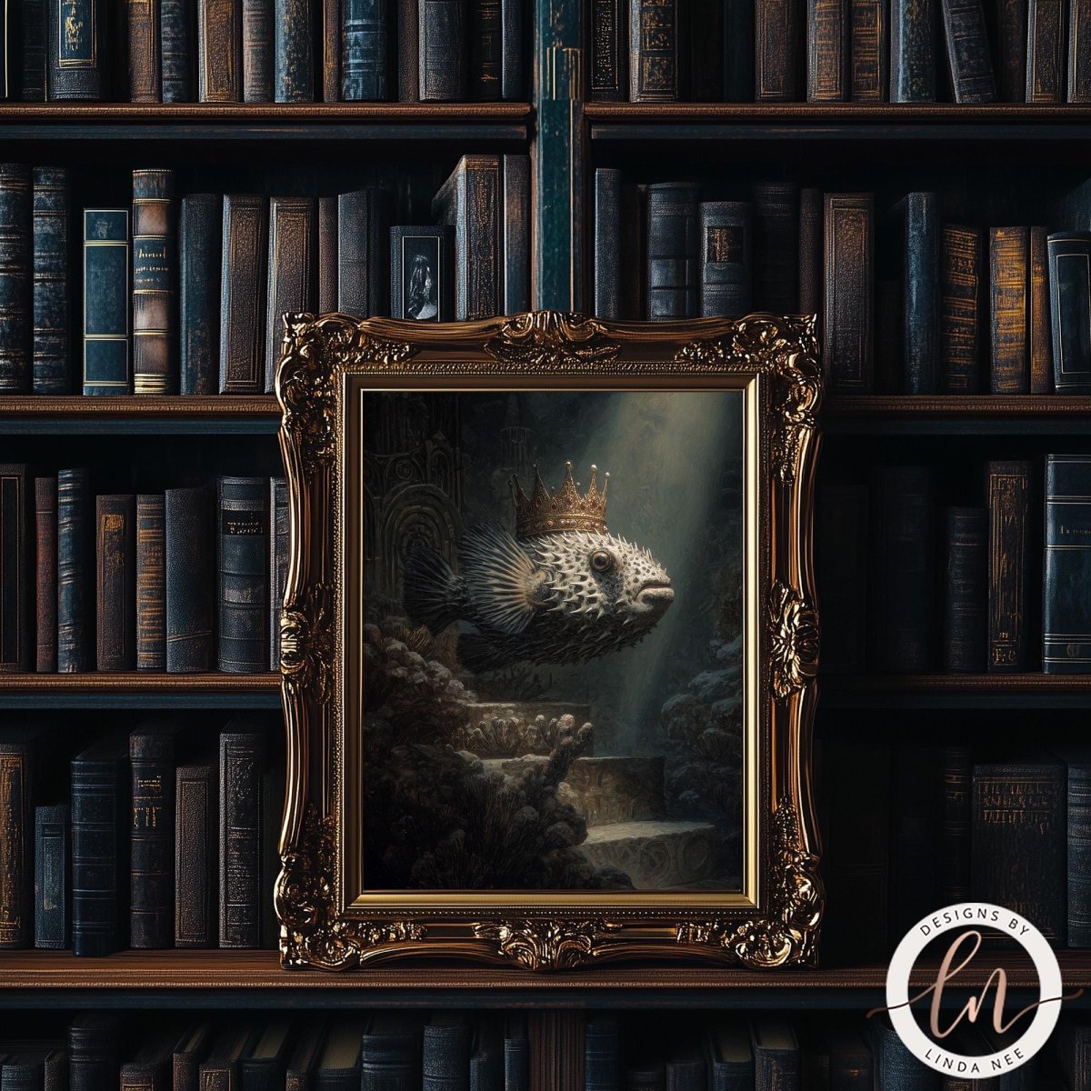 a large, ornate gold frame containing a painting of a fish wearing a crown, set against a dark, underwater background.