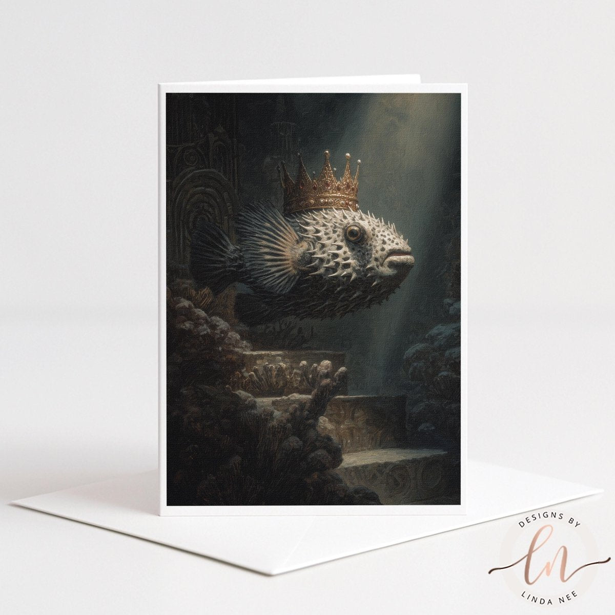 A fish wearing a golden crown is depicted in a dark, mysterious underwater setting, with a stone staircase visible in the background.