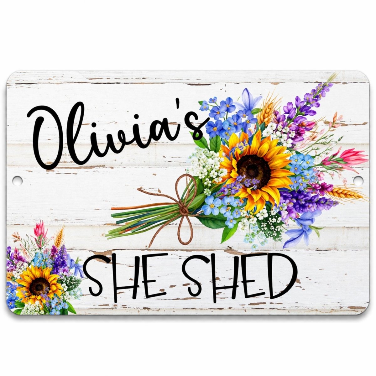 A wooden sign with a bouquet of colorful flowers and the text "Olivia's SHED" written on it.