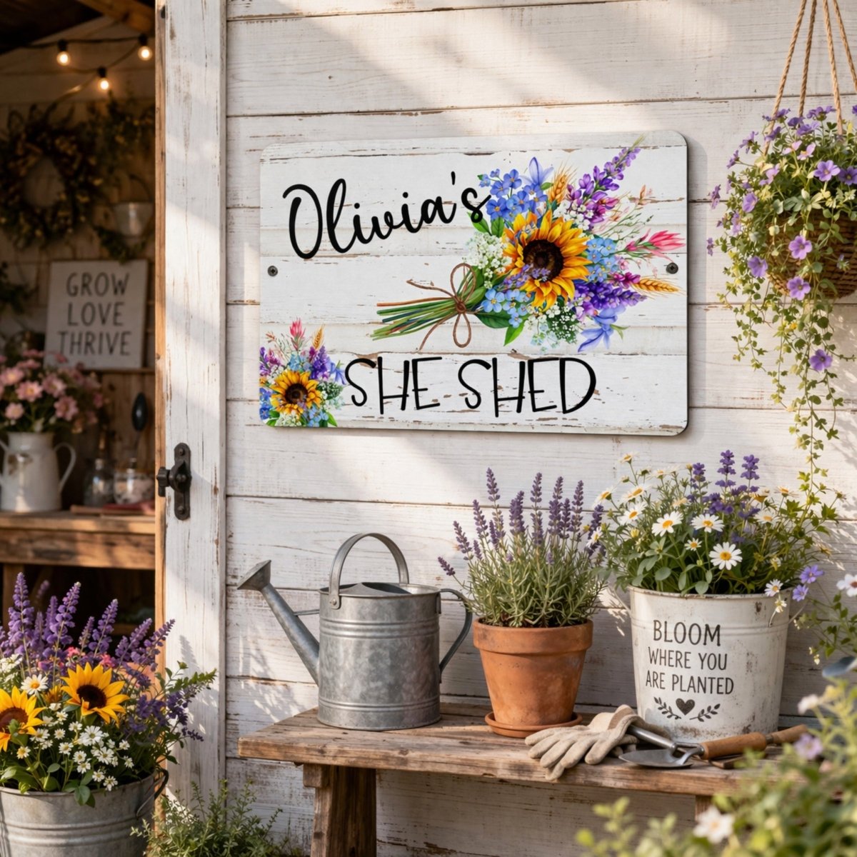 a rustic wooden shed with a sign that reads "Olivia's She Shed" and various potted plants and gardening tools displayed on a wooden shelf.