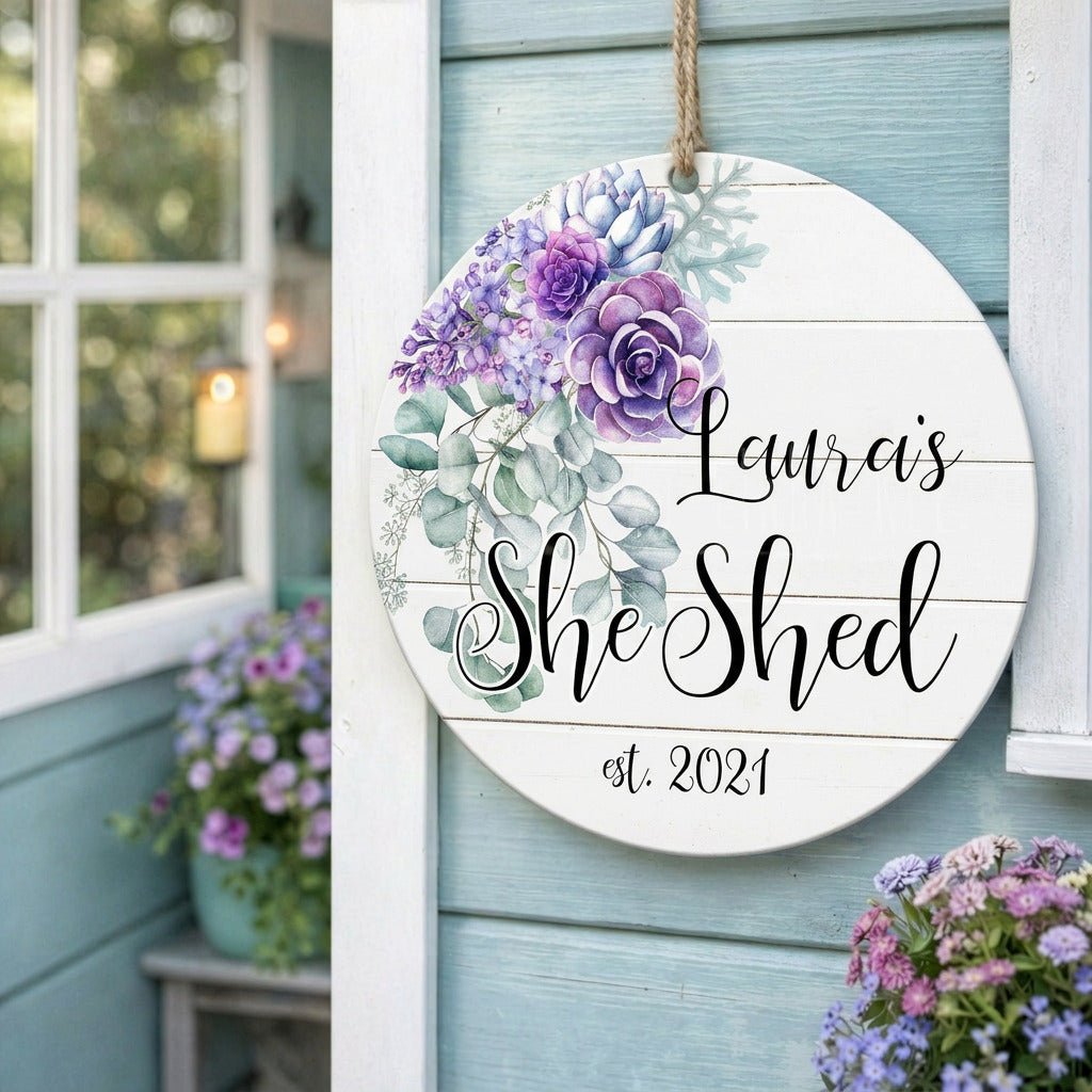 A round wooden sign with a floral design hangs on a blue wooden wall, displaying the name "Laurie's She Shed" and the year "2021".