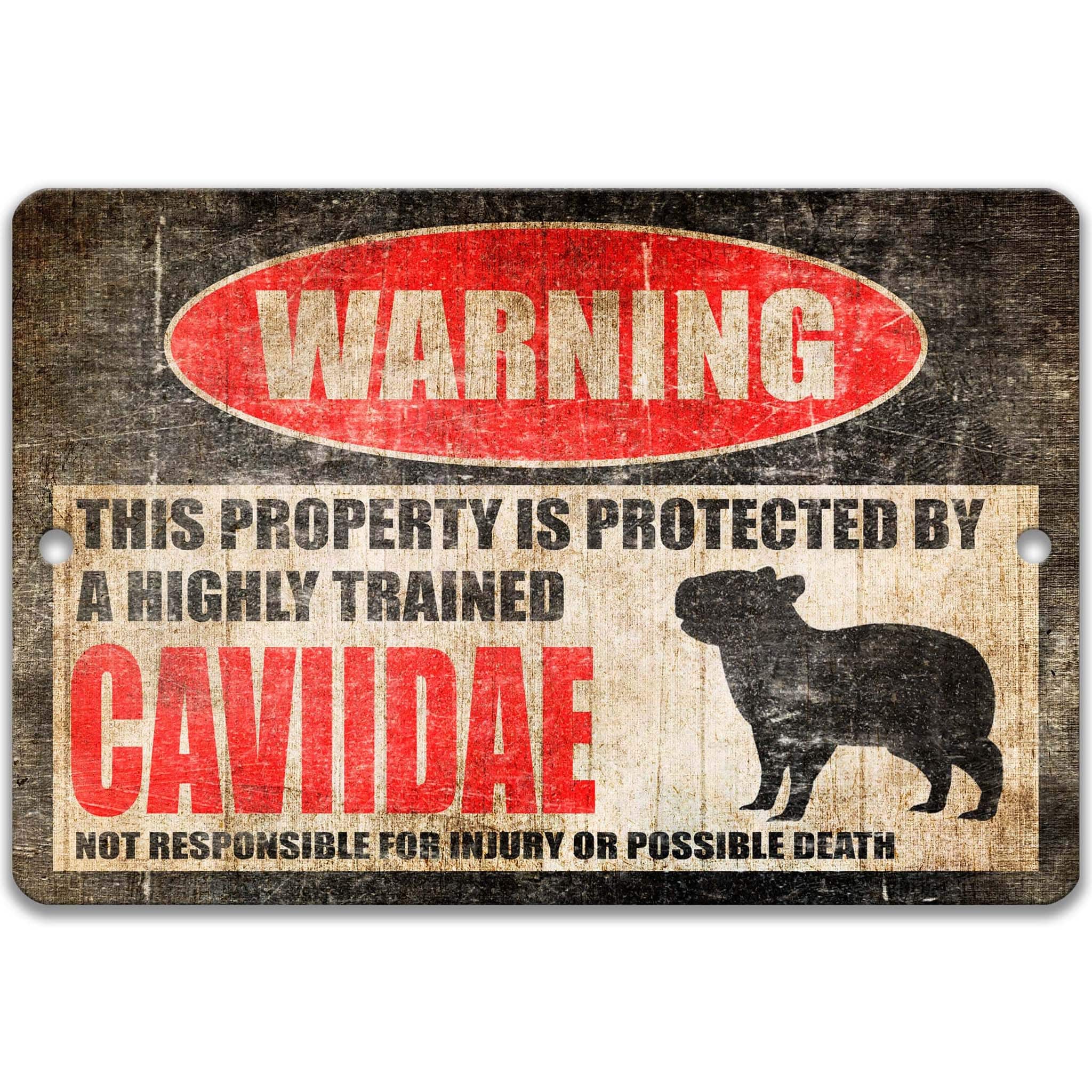 a warning sign that says "This property is protected by a highly trained caviar dog".