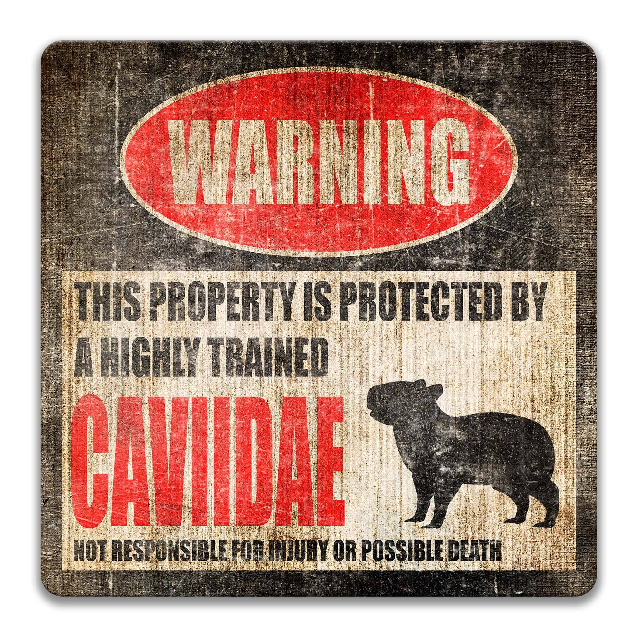 a warning sign that states "This property is protected by a highly trained caviar dog".