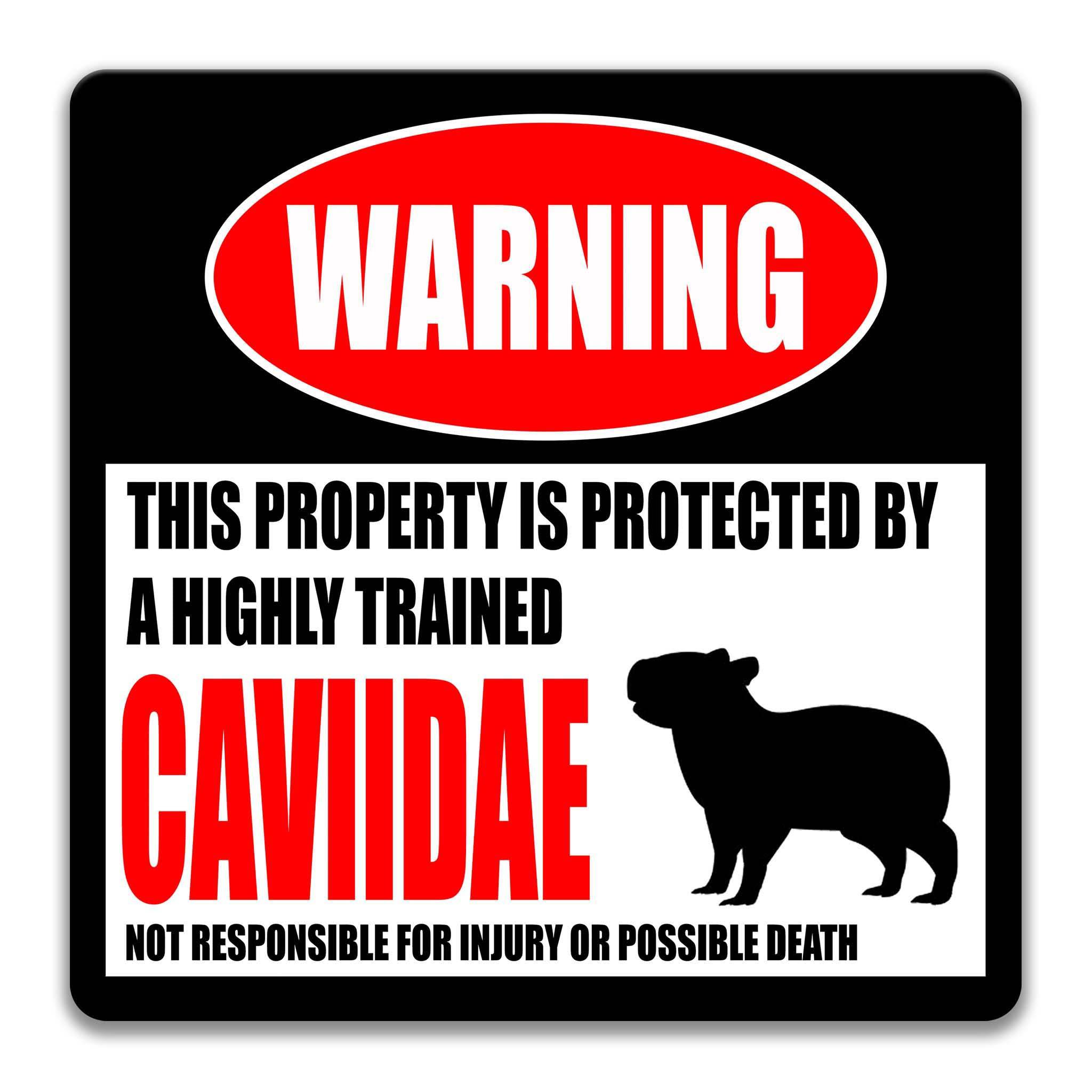 a warning sign that states "This property is protected by a highly trained cavidae" and warns that it is not responsible for injury or possible death.